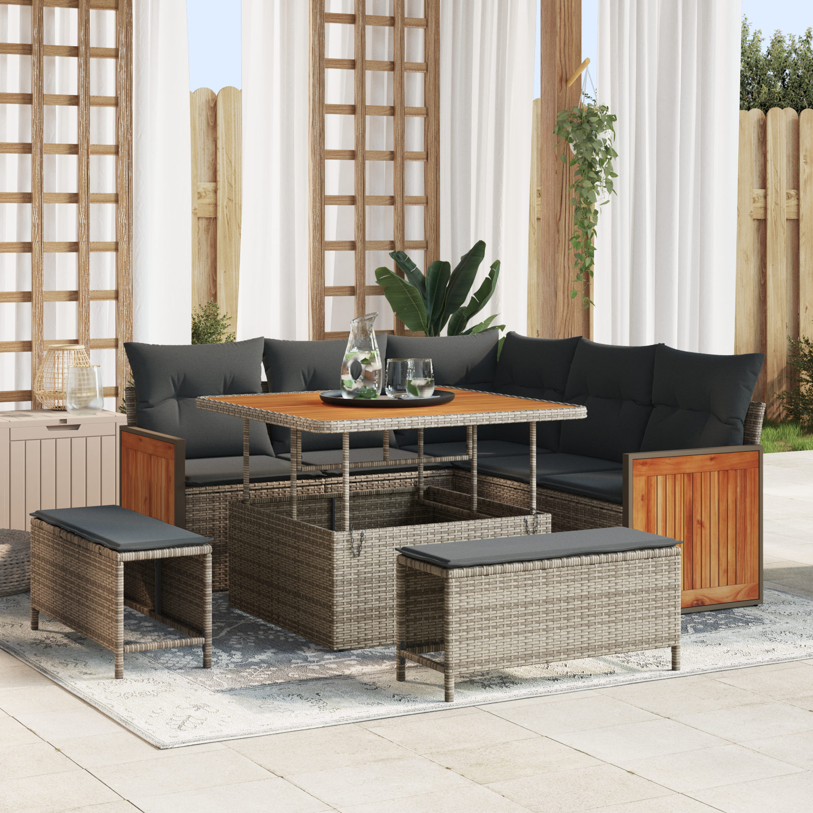 8 dalių sodo sofa komplektas su pagalvėmis Pilkas Poli ratanas Akacija