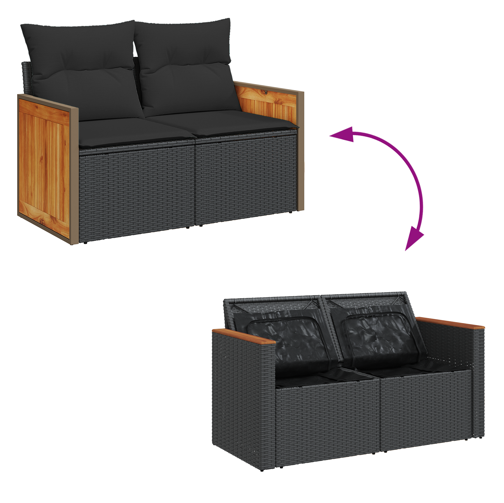 Conjunto de Sofá de Jardim com 8 Peças com Almofadas Preto Rattan Poliéster Acácia, Conjunto de Jantar de Jardim com 3 Peças com Almofadas Preto Rattan Poliéster Acácia