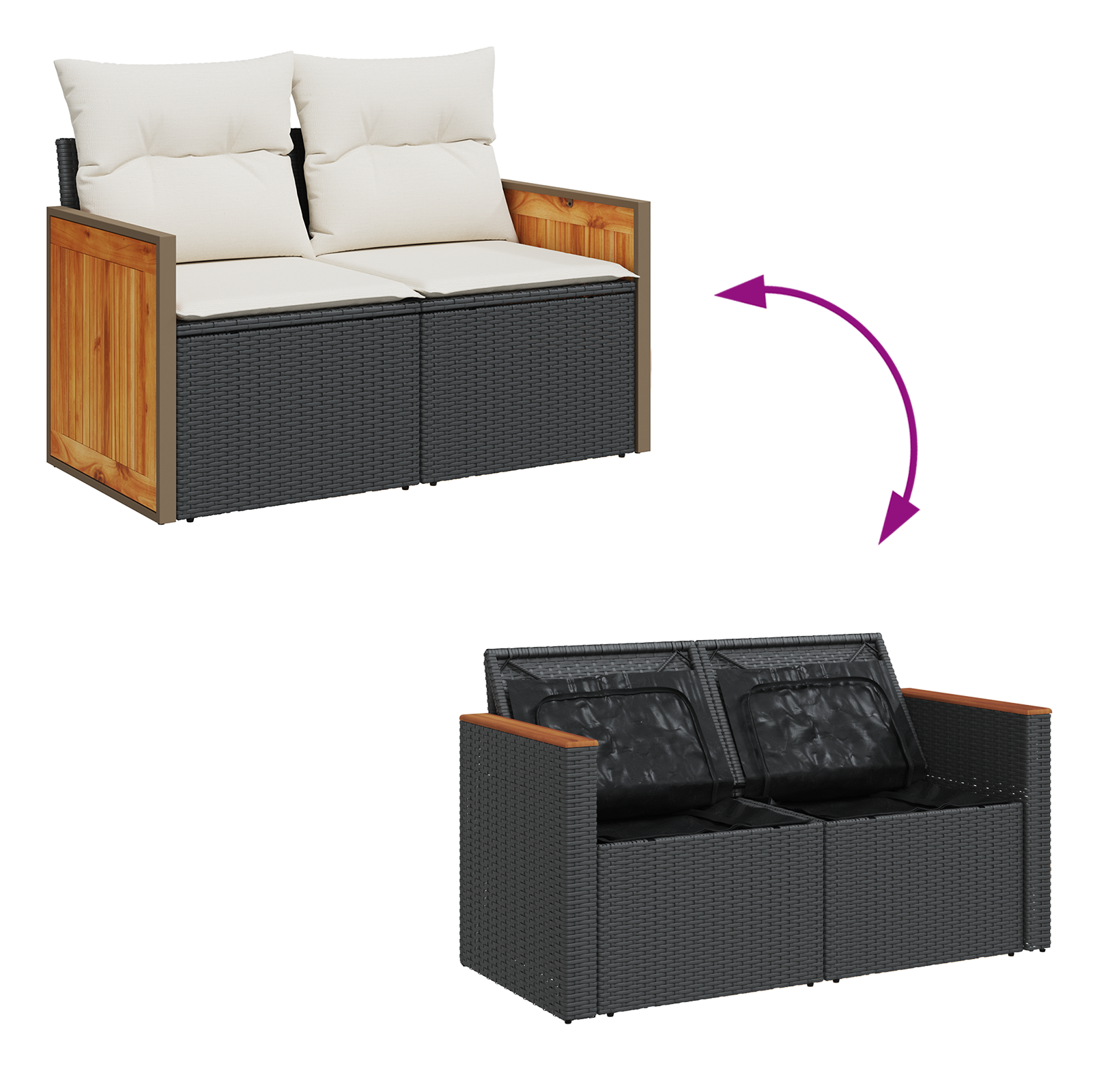 Conjunto de Sofá de Jardim 8 Peças com Almofadas Pretas em Rattan Acácia, Conjunto de Jantar de Jardim 3 Peças com Almofadas Pretas em Rattan Acácia