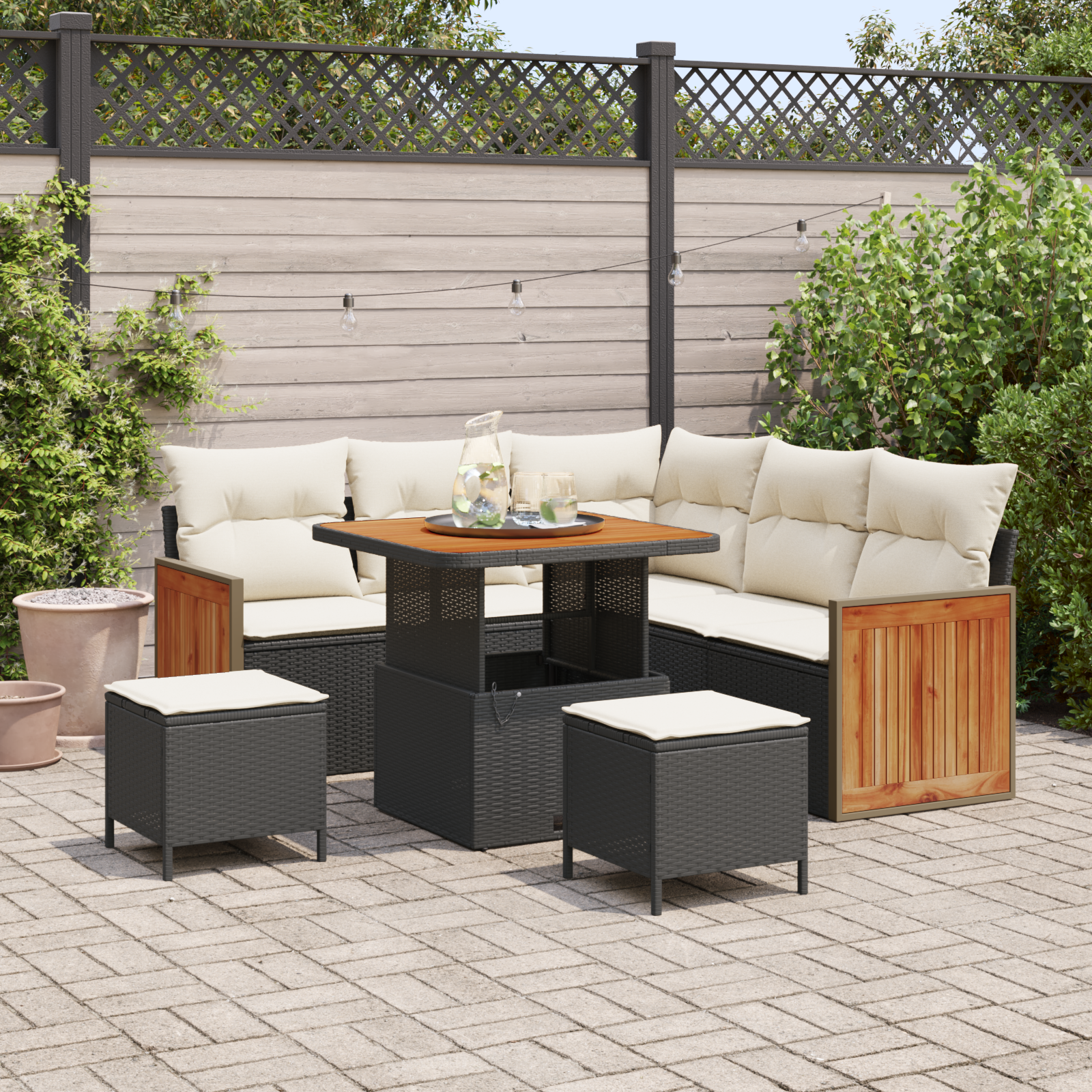 Conjunto de Sofá de Jardim 8 Peças com Almofadas Pretas em Rattan Acácia, Conjunto de Jantar de Jardim 3 Peças com Almofadas Pretas em Rattan Acácia Conjunto de Sofá de Jardim 8 Peças com Almofadas Pretas em Rattan Acácia, Conjunto de Jantar de Jardim 3 Peças com Almofadas Pretas em Rattan Acácia