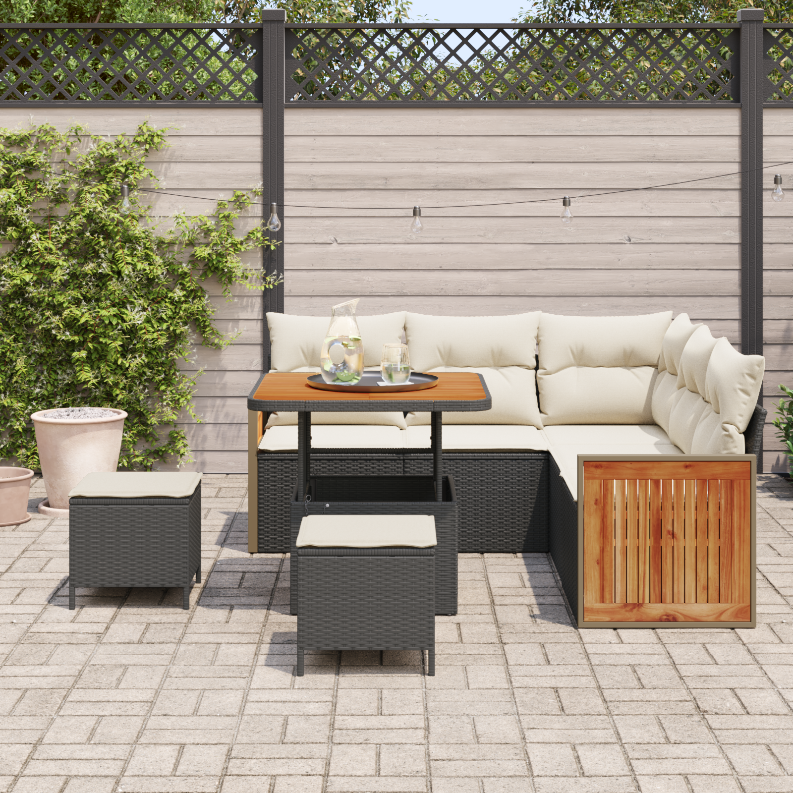 Conjunto de Sofá de Jardim 8 Peças com Almofadas Pretas em Rattan Acácia, Conjunto de Jantar de Jardim 3 Peças com Almofadas Pretas em Rattan Acácia