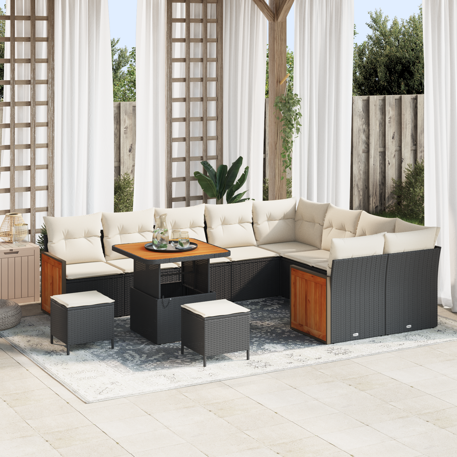 Conjunto de Sofá de Jardim de 12 Peças com Almofadas Preto Polyrattan Acácia Conjunto de Sofá de Jardim de 12 Peças com Almofadas Preto Polyrattan Acácia