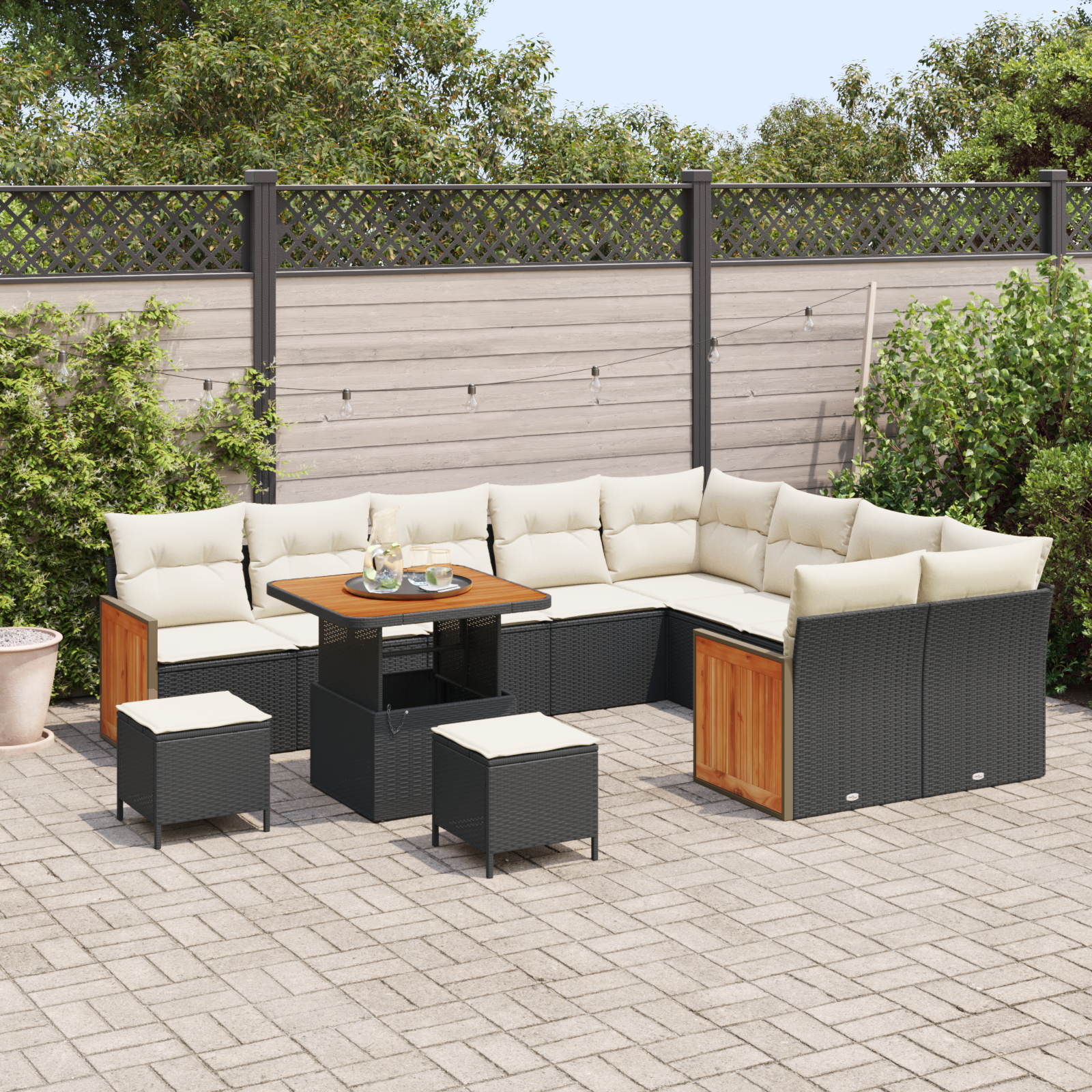 Conjunto de Sofá de Jardim de 12 Peças com Almofadas Preto Polyrattan Acácia