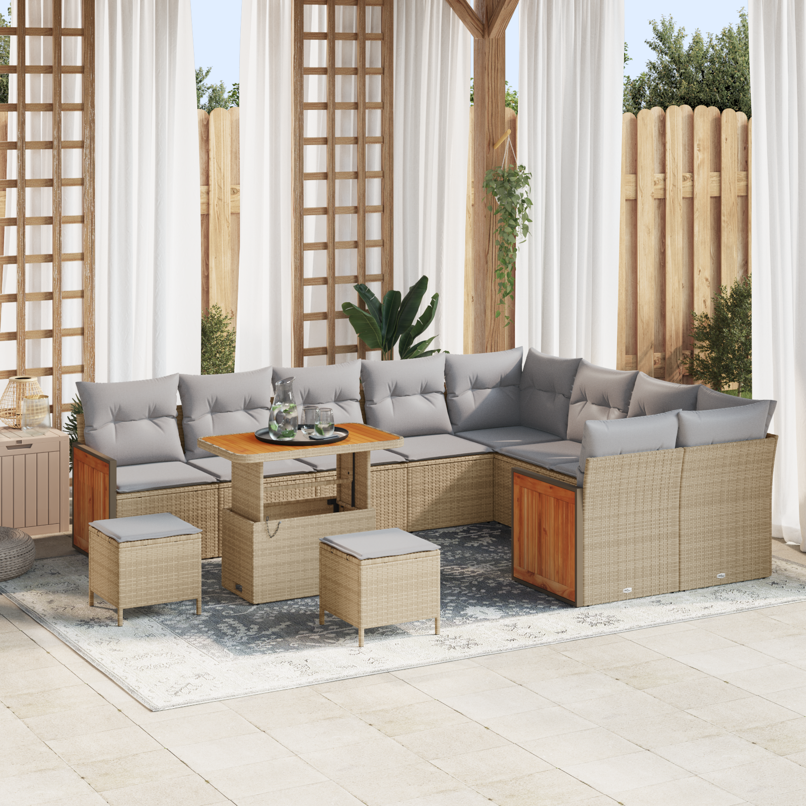 Conjunto de Sofá de Jardim com 12 Peças com Almofadas Bege Rattan PE Acácia Conjunto de Sofá de Jardim com 12 Peças com Almofadas Bege Rattan PE Acácia