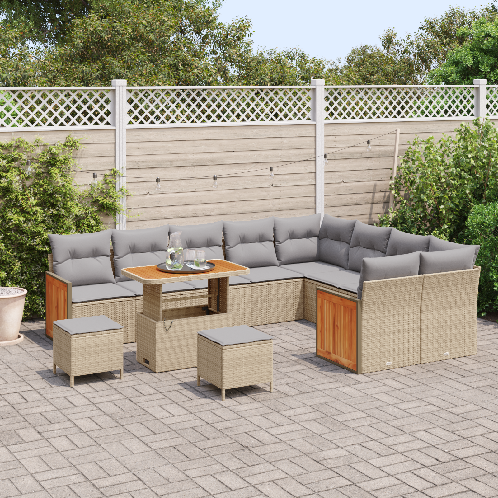 Conjunto de Sofá de Jardim com 12 Peças com Almofadas Bege Rattan PE Acácia