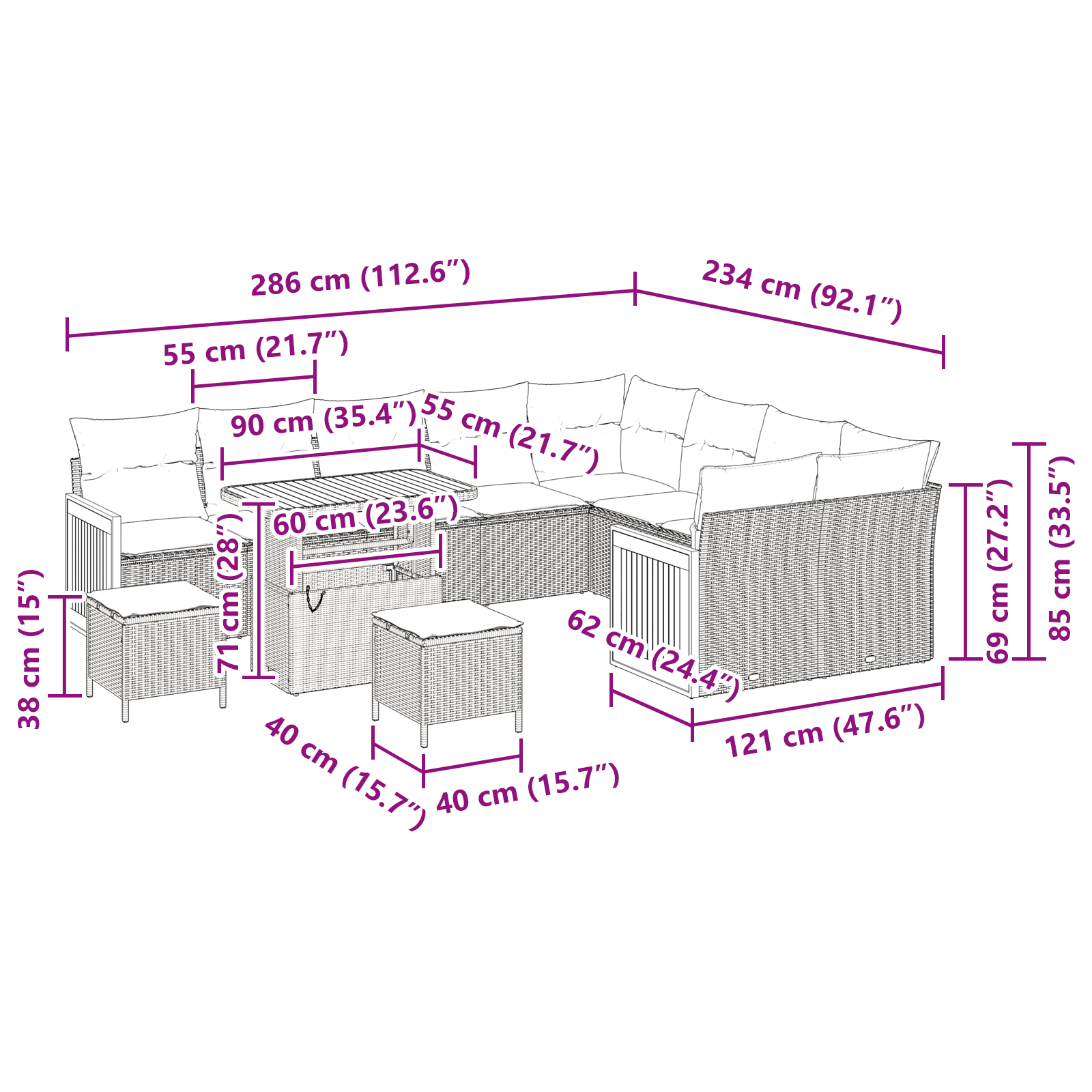 Conjunto de Sofá de Jardim com 12 Peças com Almofadas Bege Rattan PE Acácia