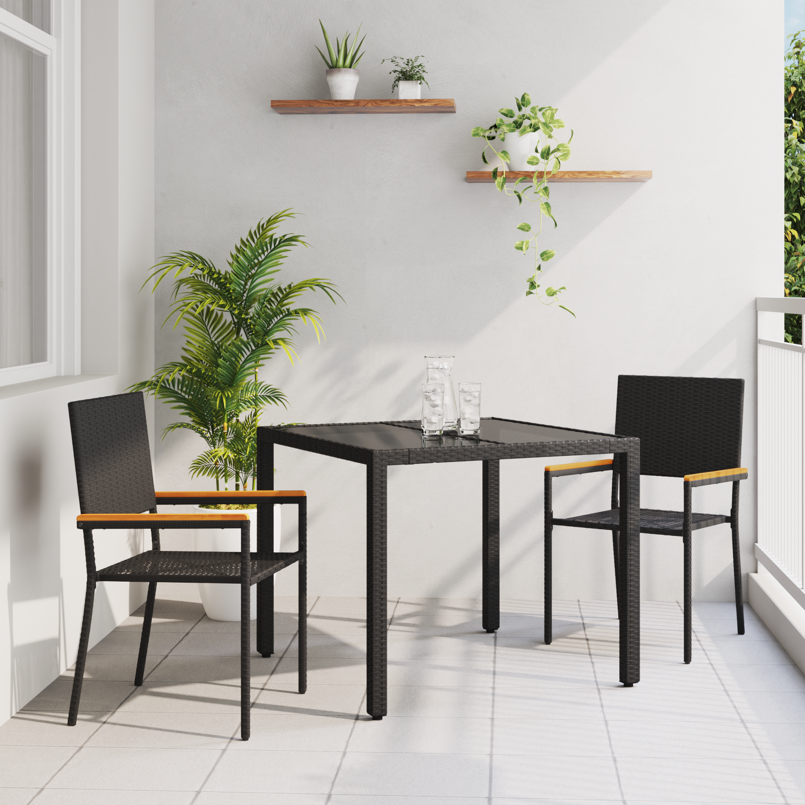 3 Piece Garden Dining Set Black Poly Rattan