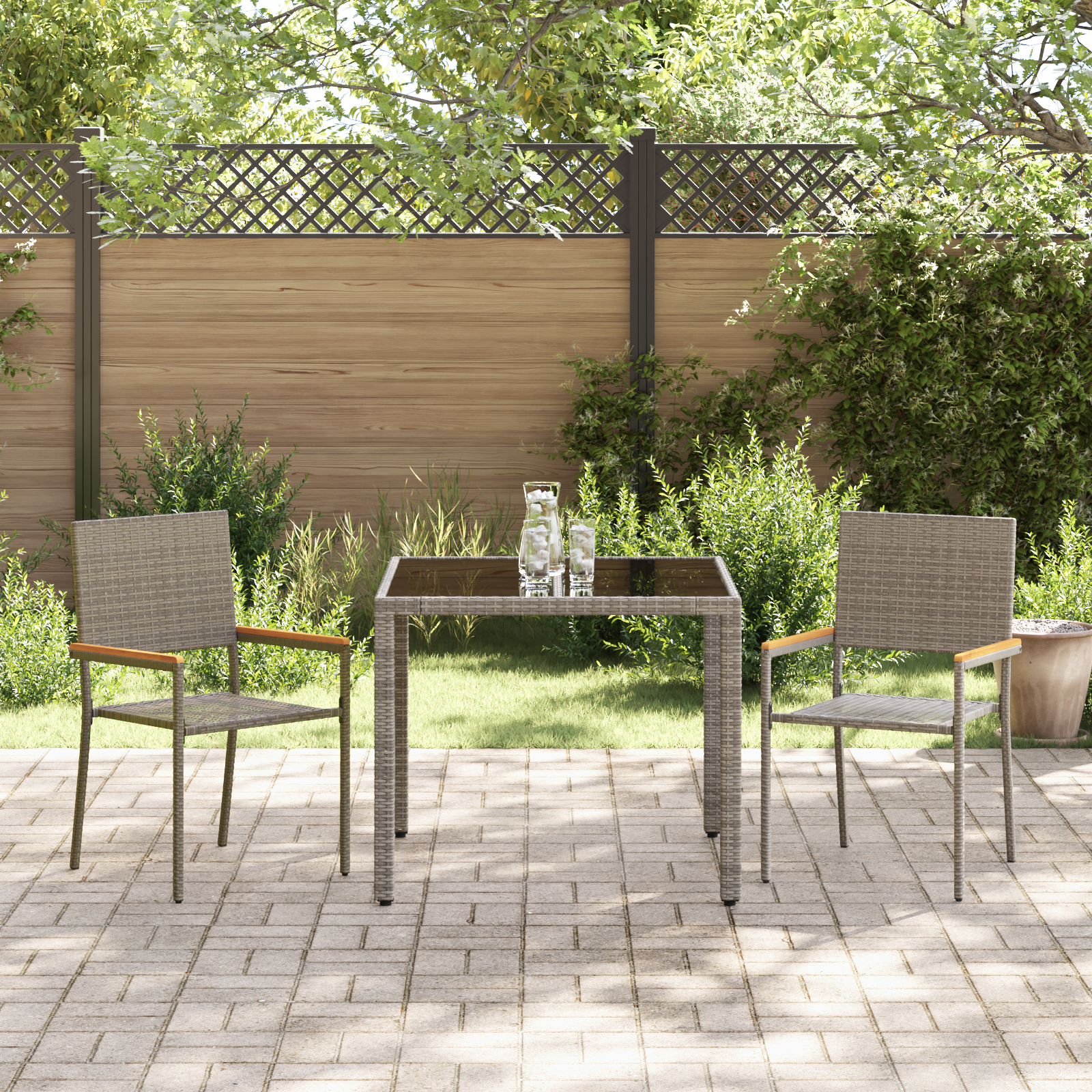 Conjunto de Jantar de Jardim 3 Peças Cinza Polyrattan, Cadeiras empilháveis com Almofadas 2 pcs Cinza Polyrattan