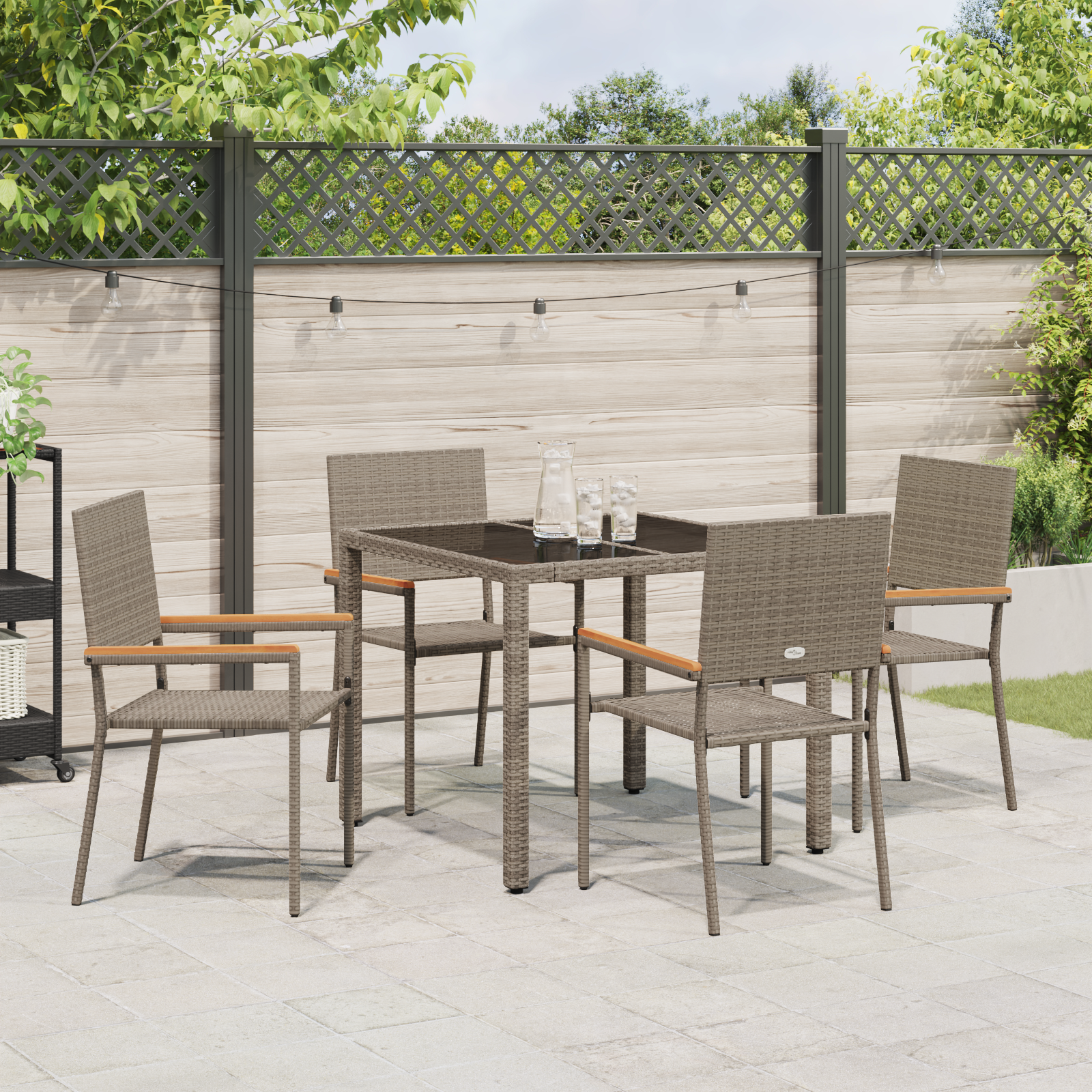 5 Piece Garden Dining Set Grey Poly Rattan, vidaXL Stacking Garden Chairs with Cushions 2 pcs Grey Poly Rattan - Image 4