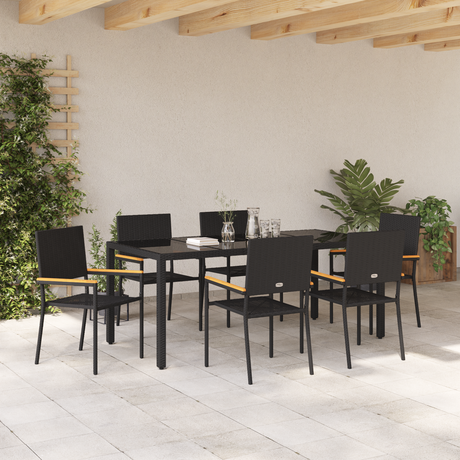 7 Piece Garden Dining Set Black Poly Rattan - Image 4