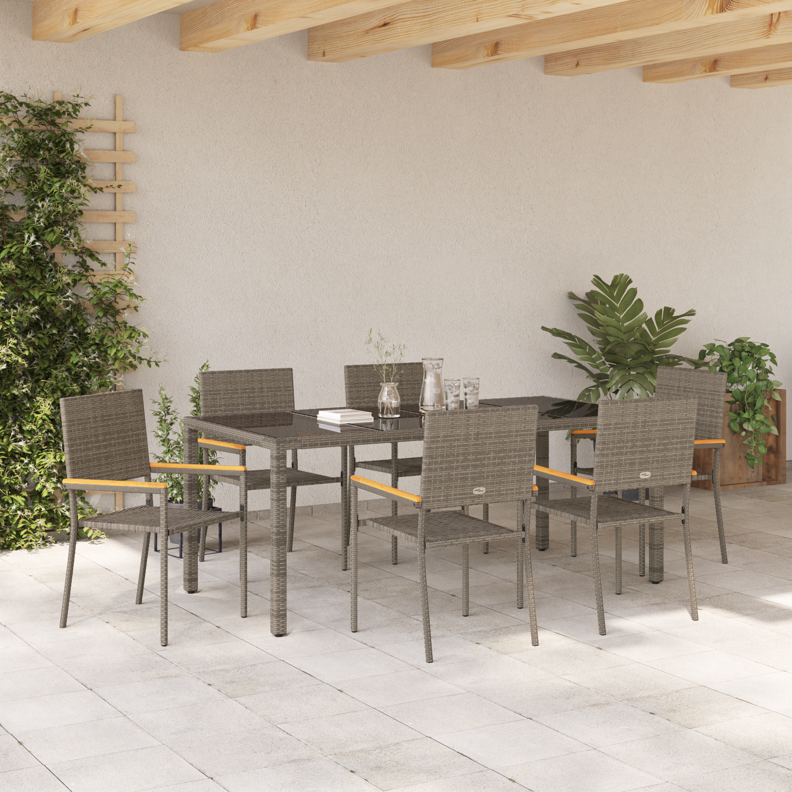 7 Piece Garden Dining Set Grey Poly Rattan, vidaXL Stacking Garden Chairs with Cushions 2 pcs Grey Poly Rattan - Image 4