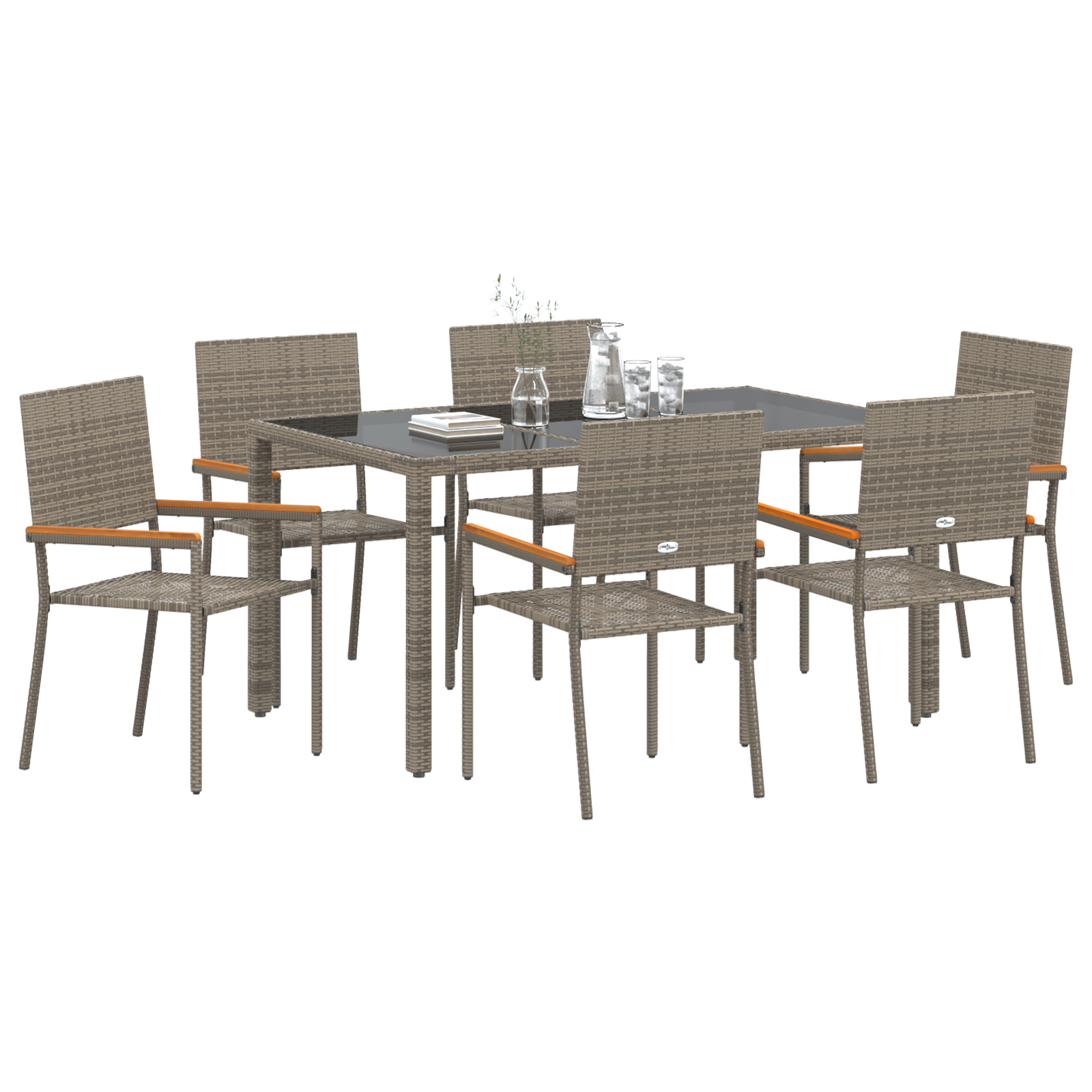 7 Piece Garden Dining Set Grey Poly Rattan, vidaXL Stacking Garden Chairs with Cushions 2 pcs Grey Poly Rattan - Image 3