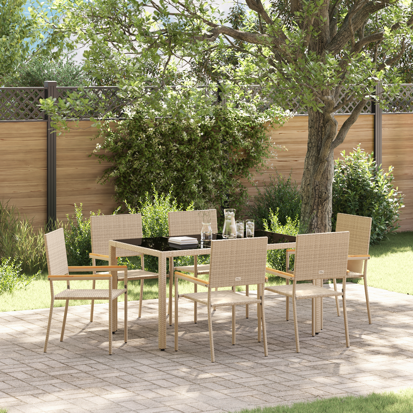7 Piece Garden Dining Set Beige Poly Rattan