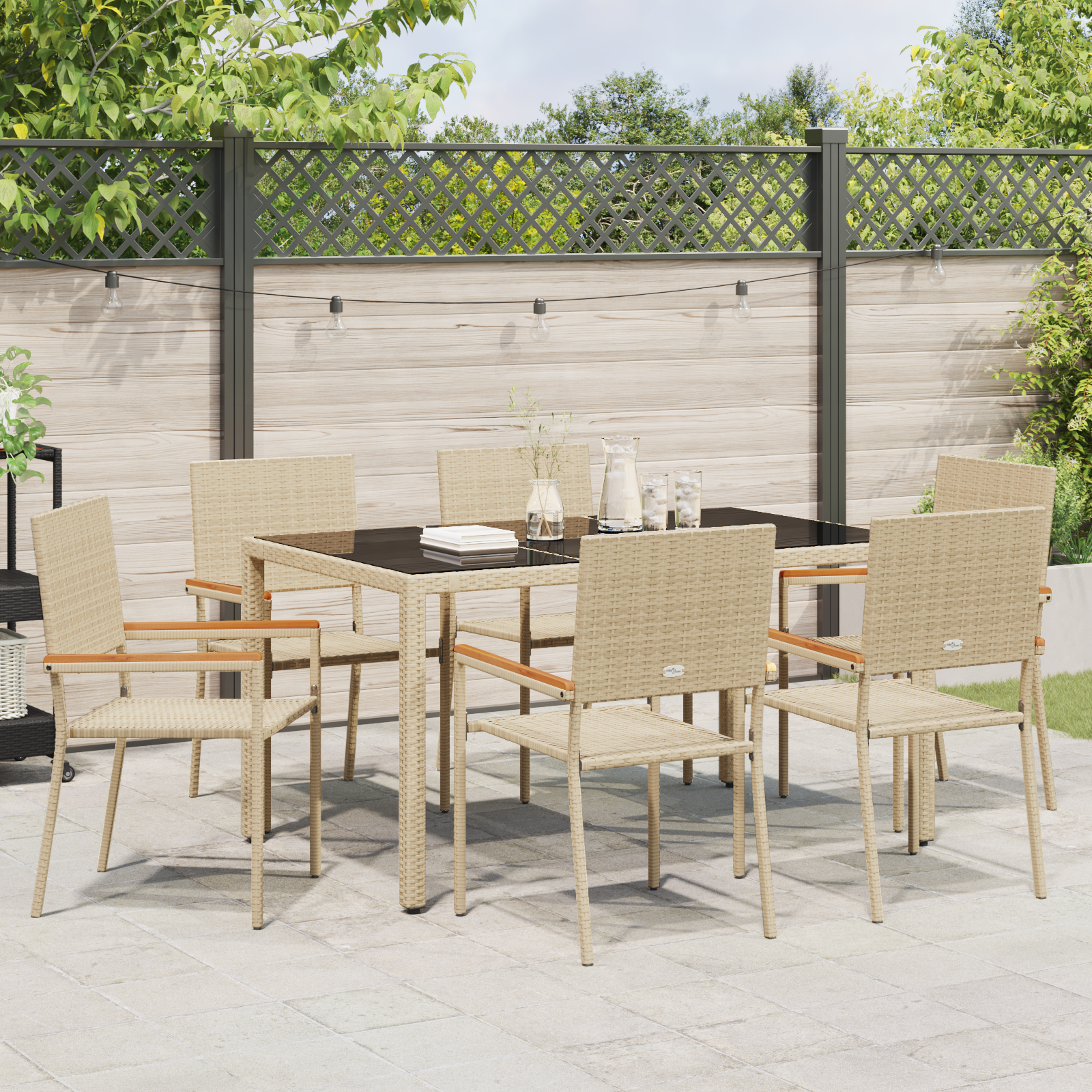 7 Piece Garden Dining Set Beige Poly Rattan - Image 4
