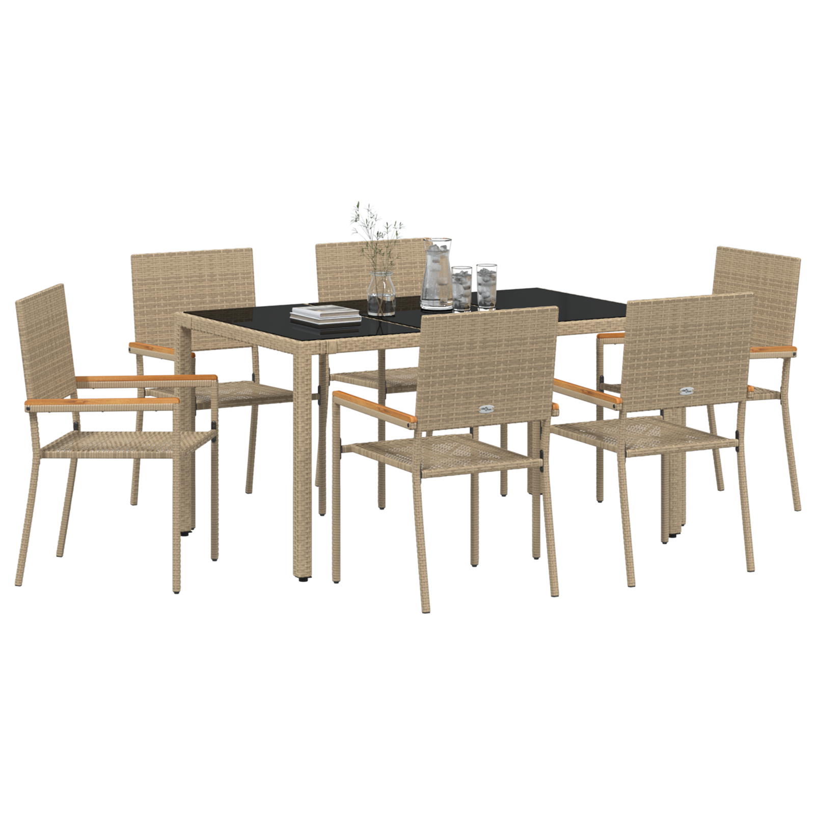 7 Piece Garden Dining Set Beige Poly Rattan - Image 3