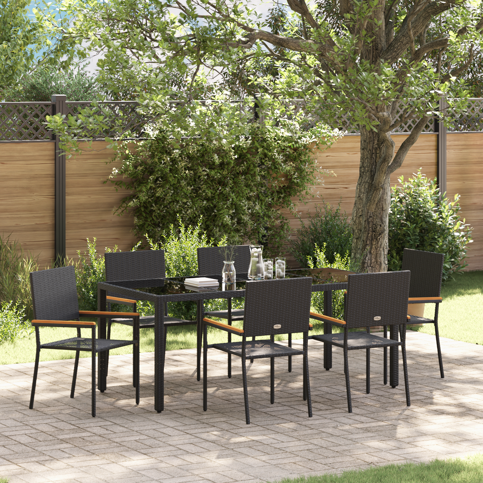 7 Piece Garden Dining Set Black Poly Rattan