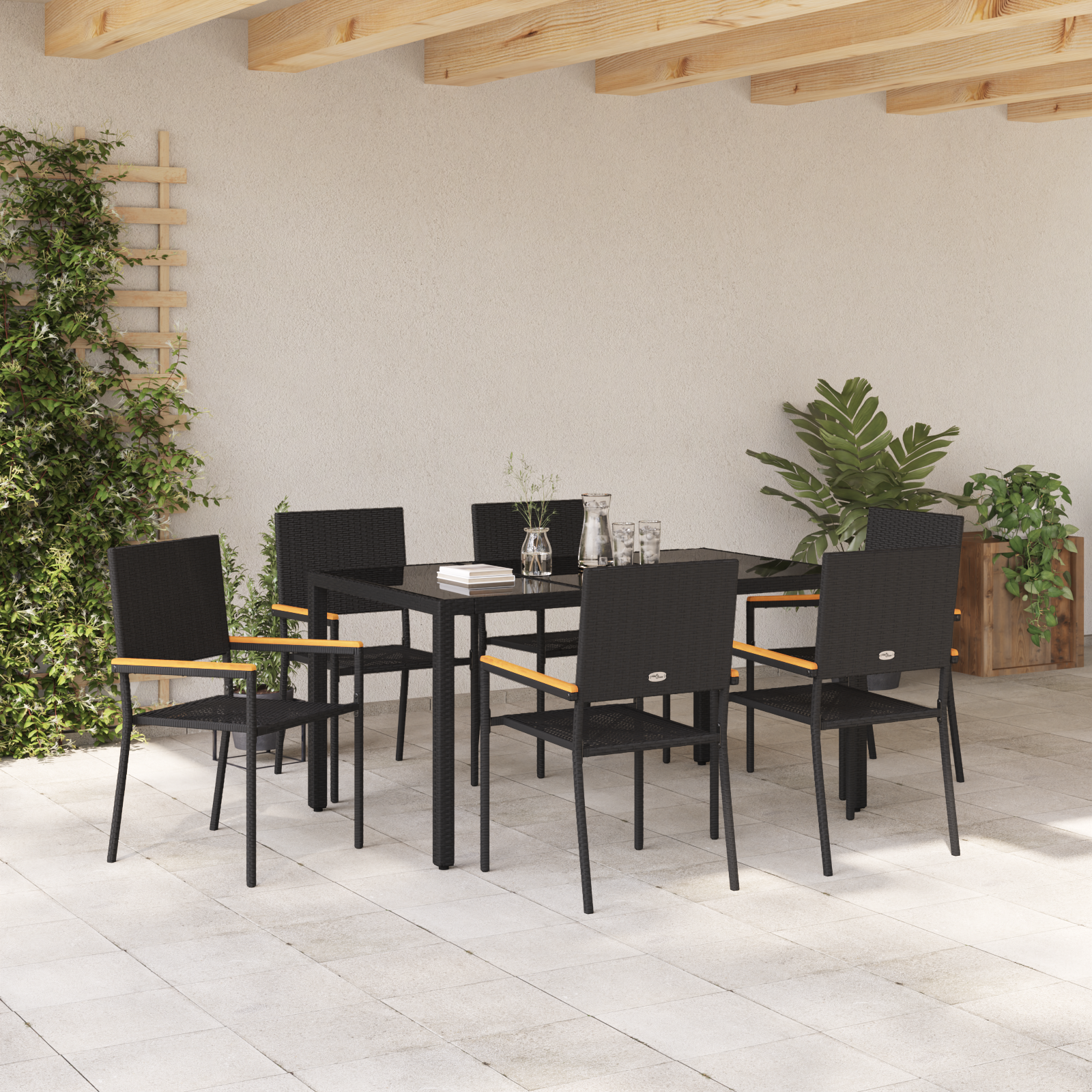 7 Piece Garden Dining Set Black Poly Rattan - Image 4