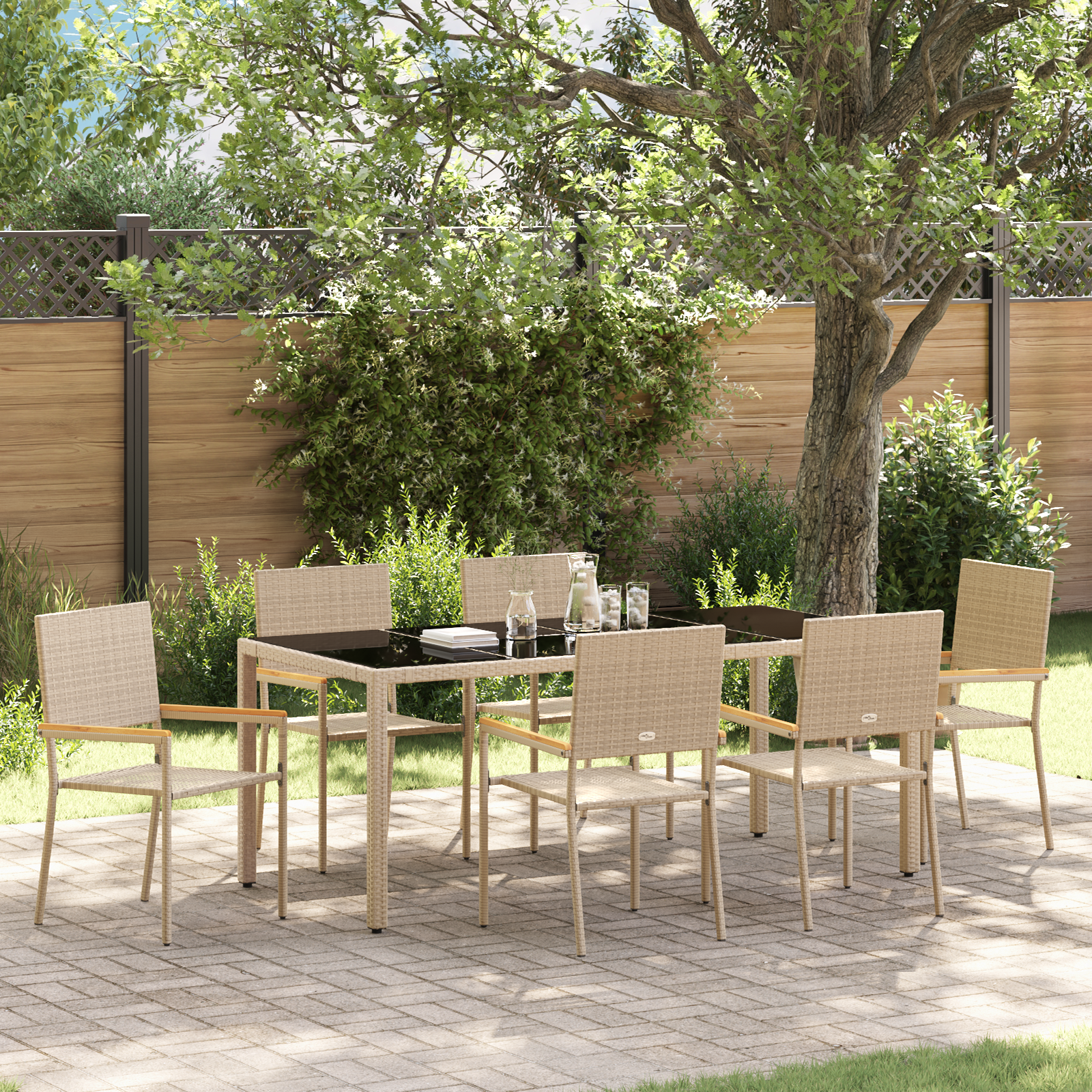 7 Piece Garden Dining Set Beige Poly Rattan
