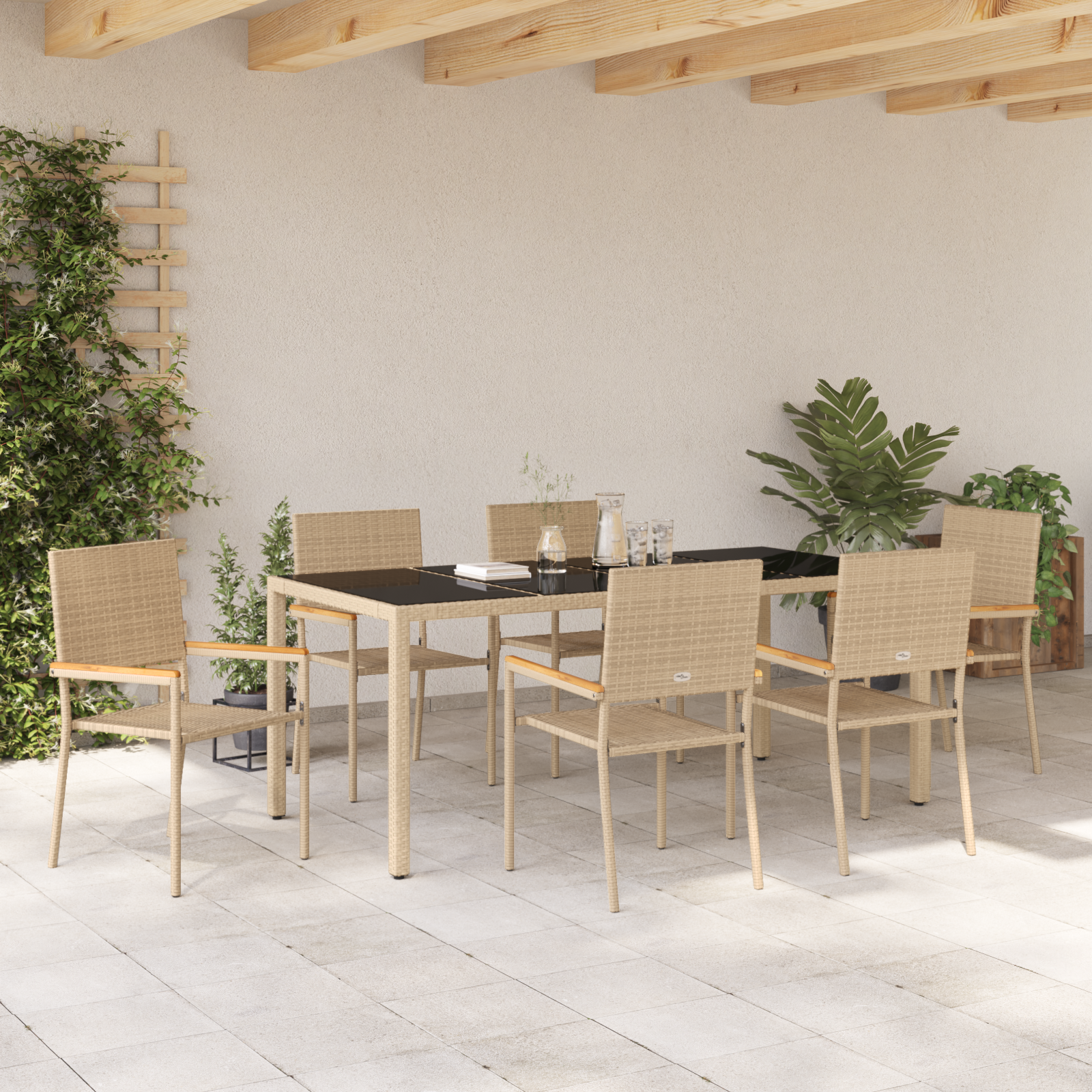 7 Piece Garden Dining Set Beige Poly Rattan - Image 4