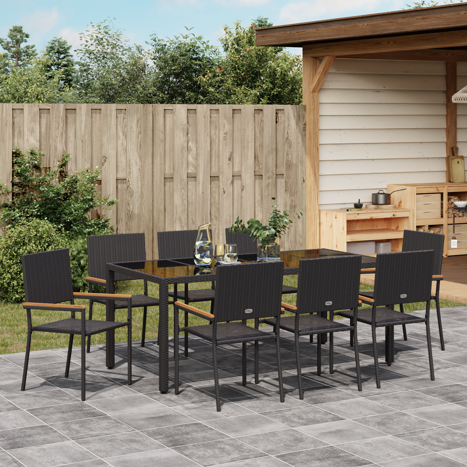 9 Piece Garden Dining Set Black Poly Rattan - Image 4