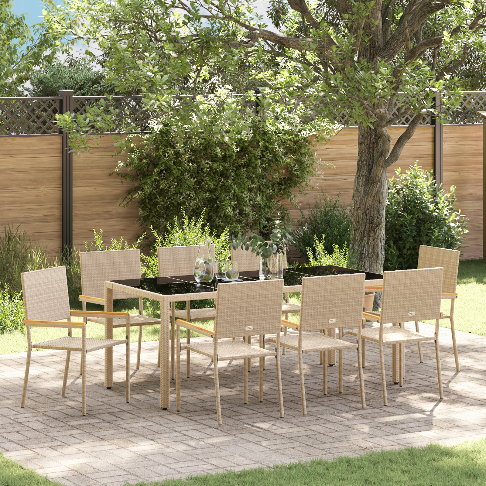 9 Piece Garden Dining Set Beige Poly Rattan