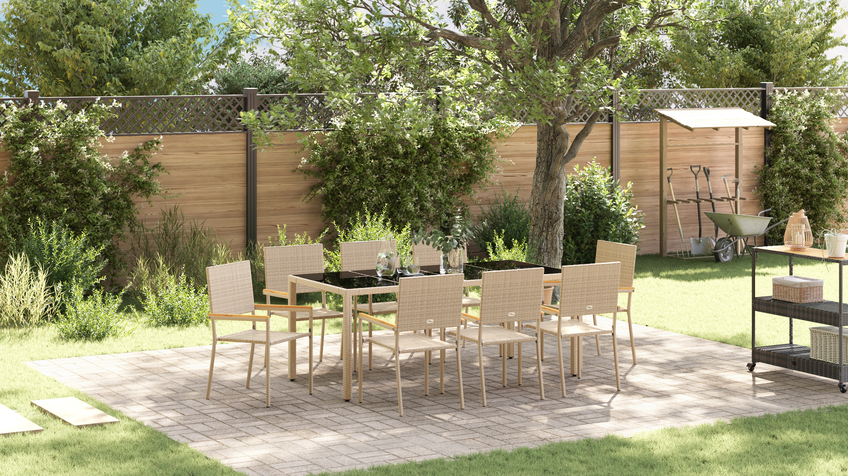 9 Piece Garden Dining Set Beige Poly Rattan - Image 4