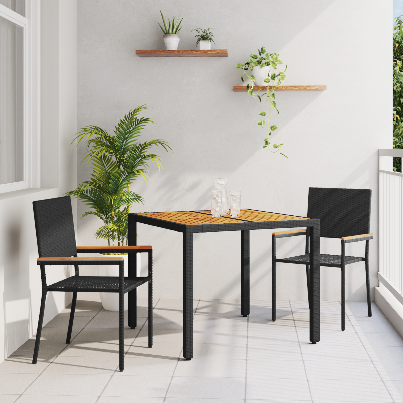 3 Piece Garden Dining Set Black Poly Rattan