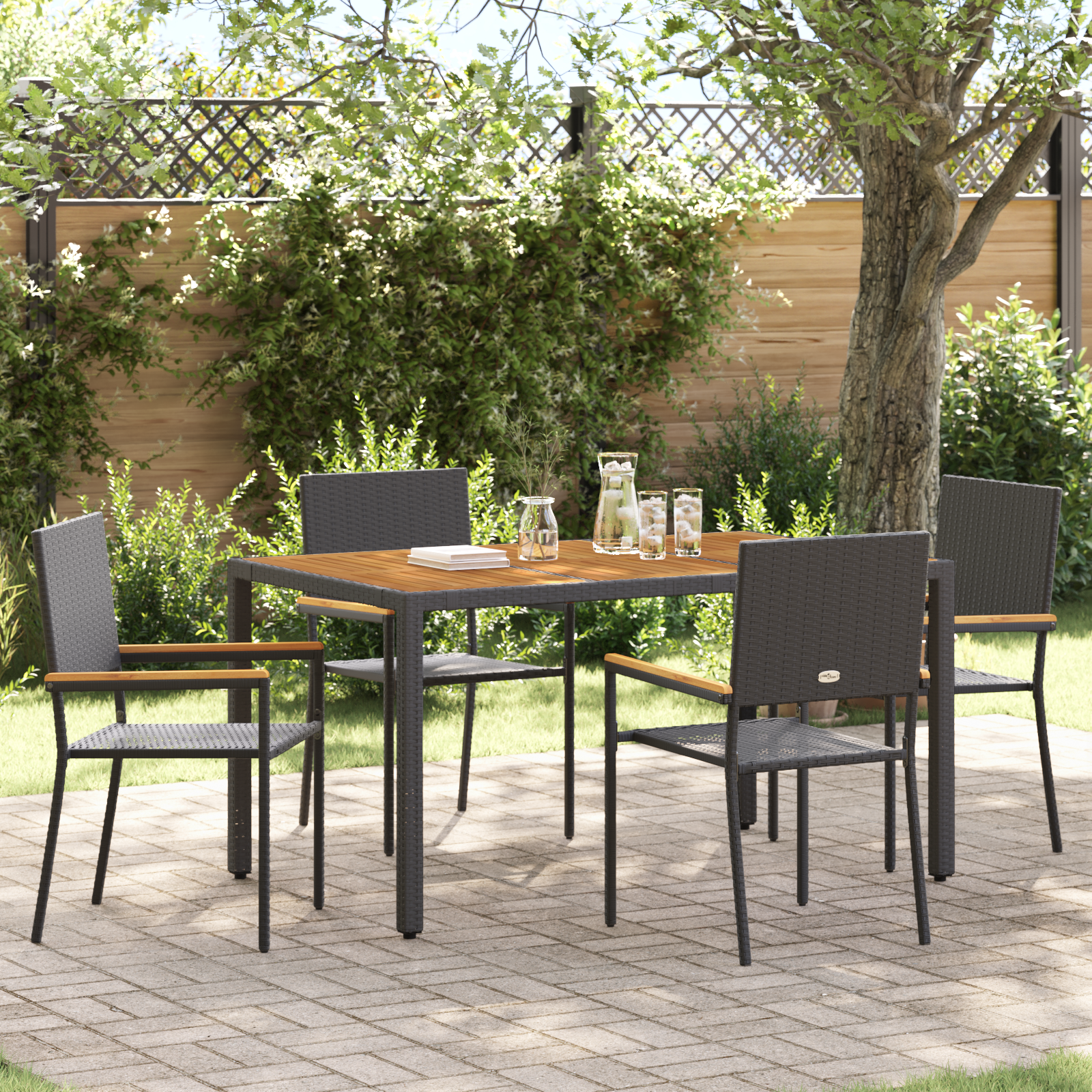5 Piece Garden Dining Set Black Poly Rattan