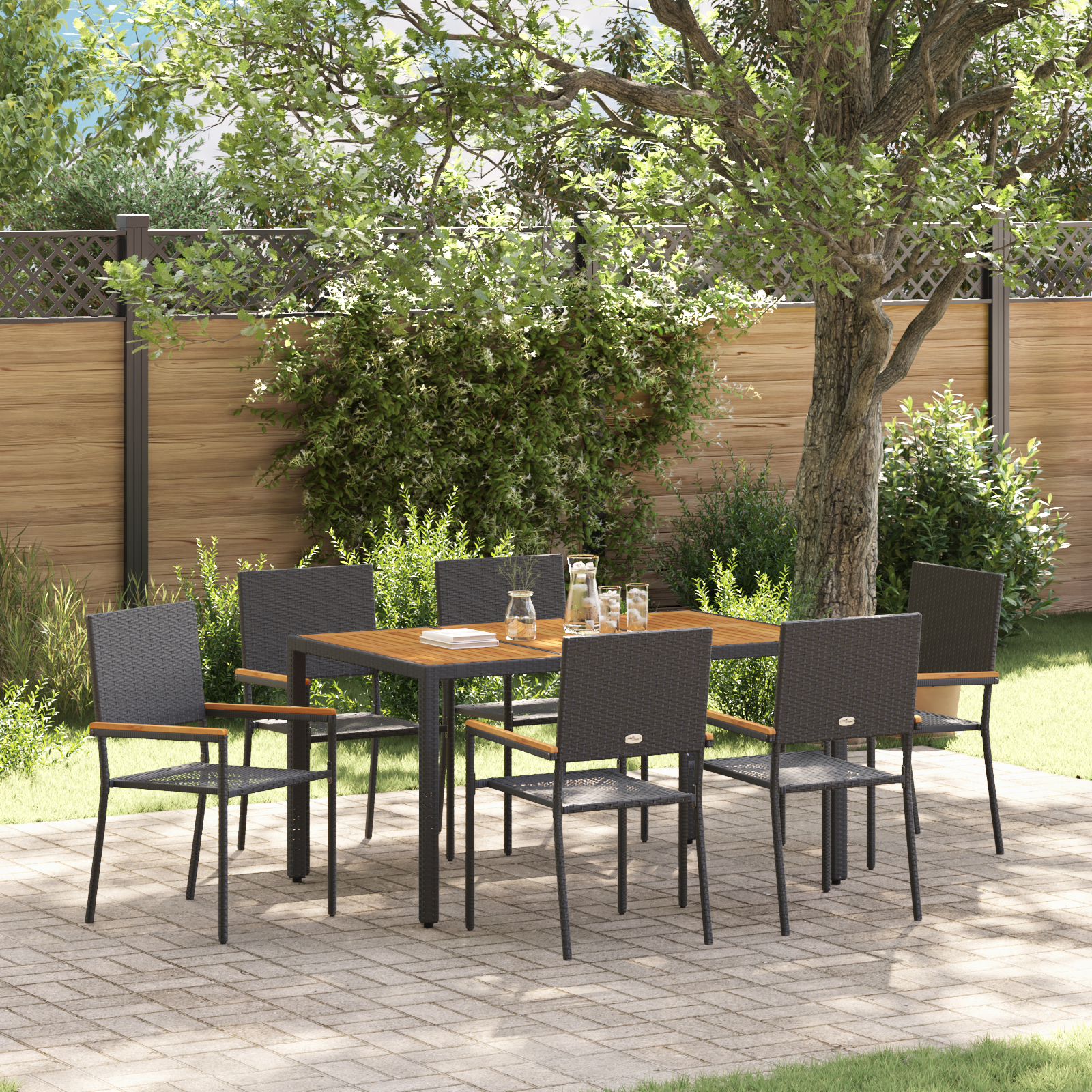 7 Piece Garden Dining Set Black Poly Rattan