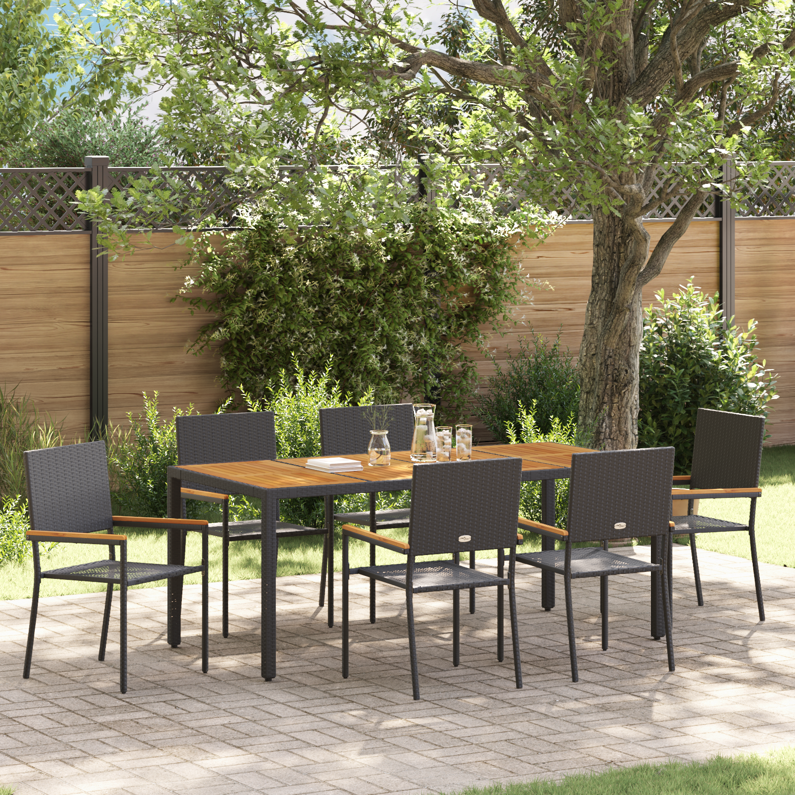 7 Piece Garden Dining Set Black Poly Rattan