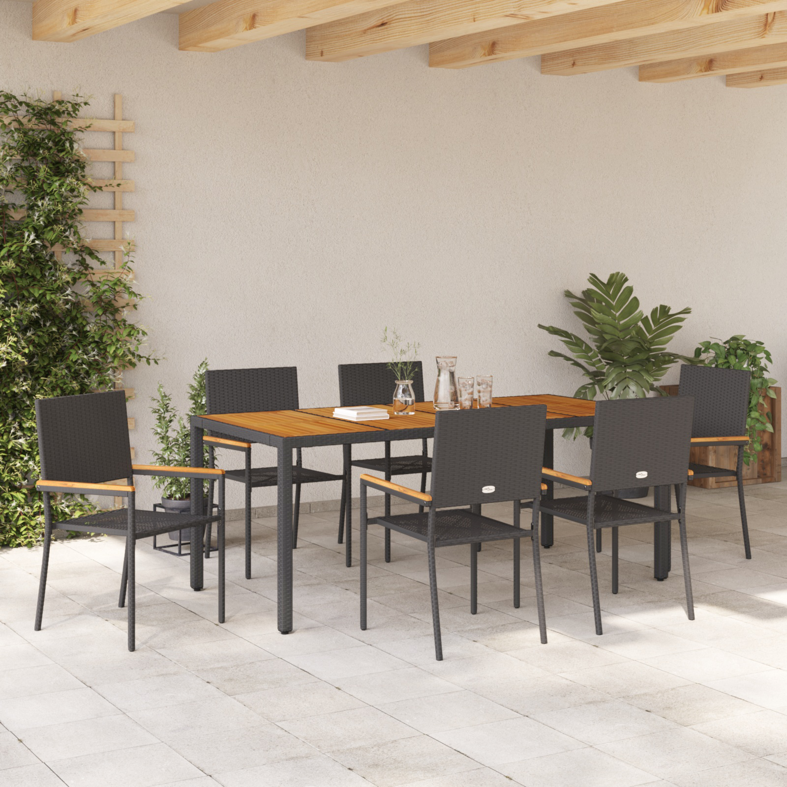 7 Piece Garden Dining Set Black Poly Rattan - Image 4