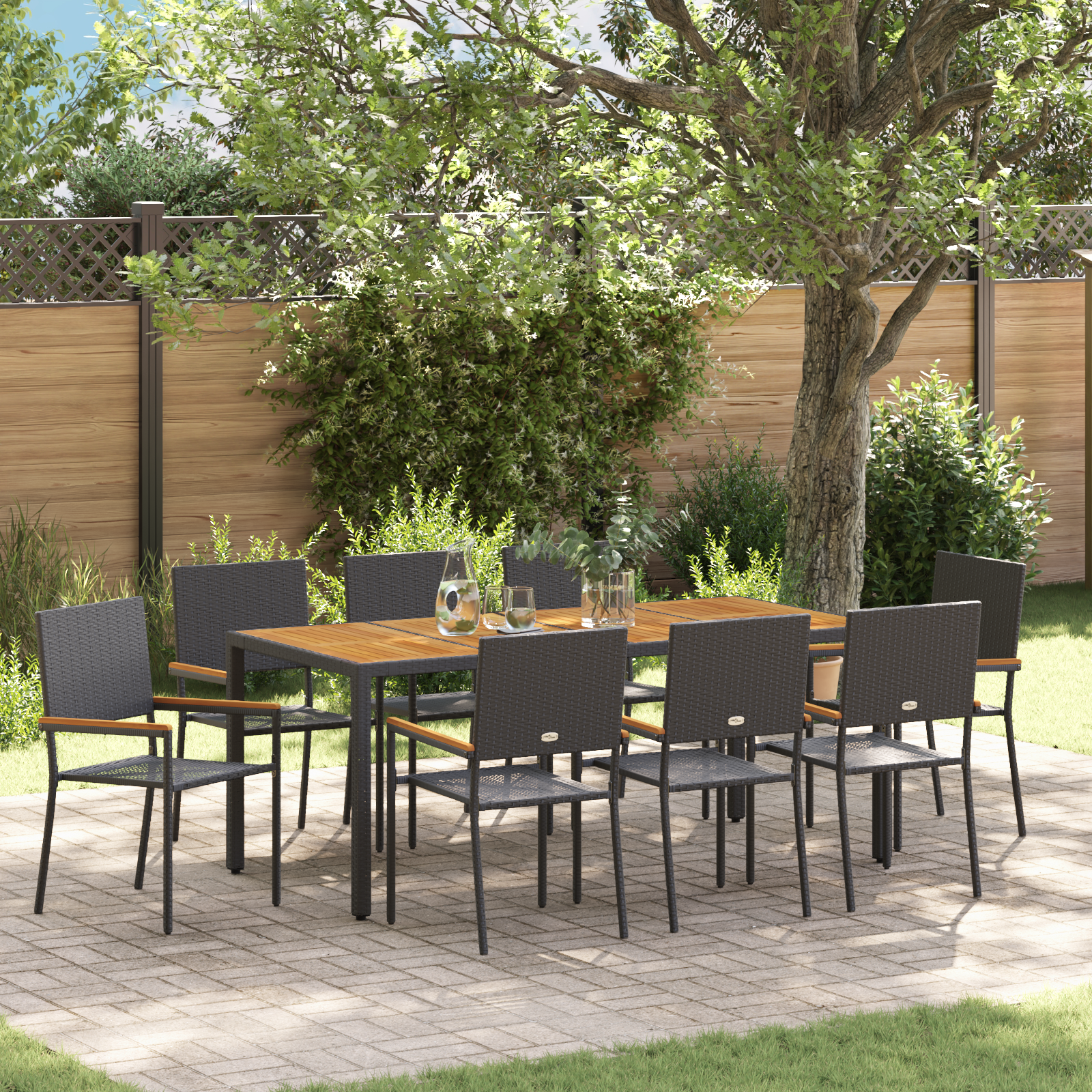 9 Piece Garden Dining Set Black Poly Rattan