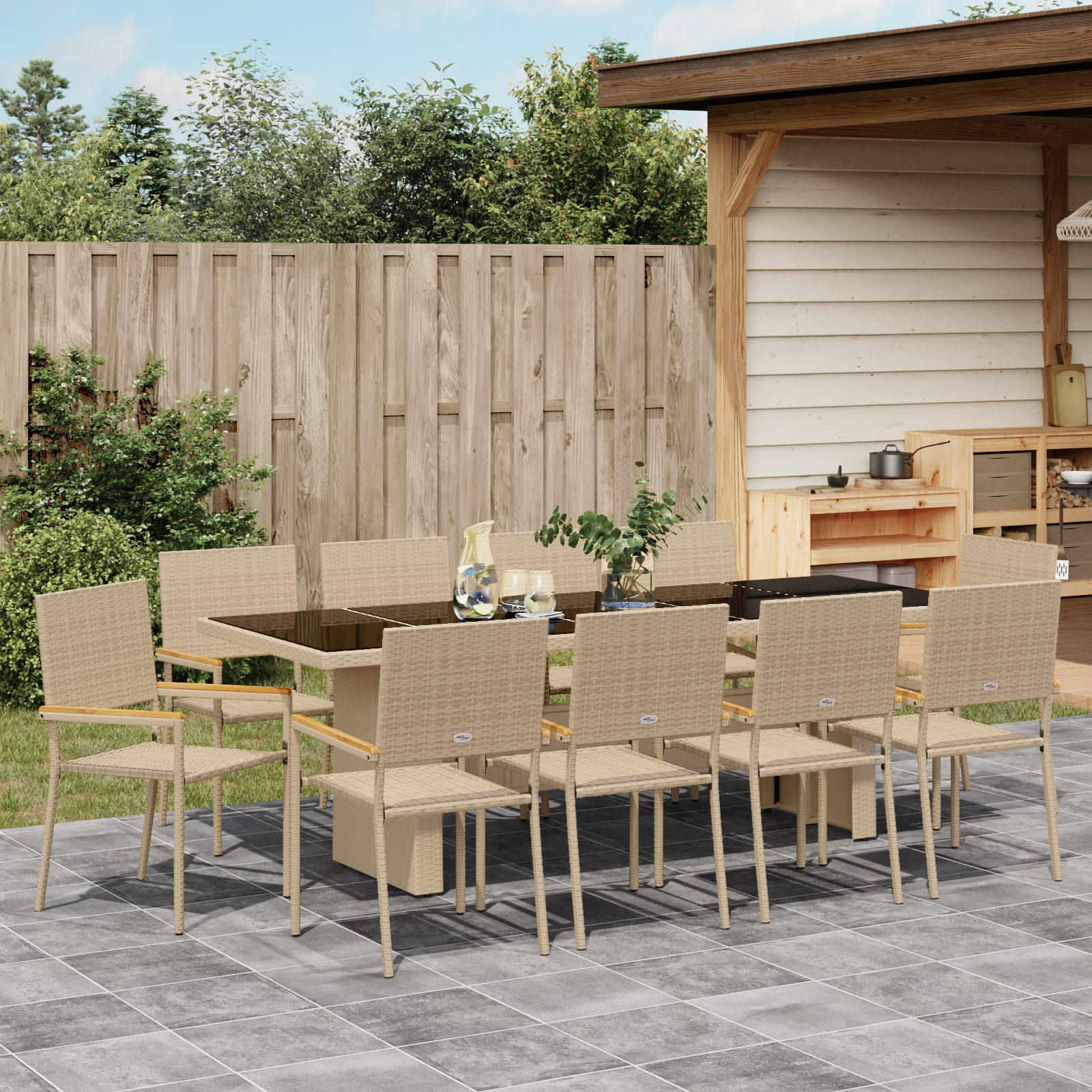 11 Piece Garden Dining Set Beige Poly Rattan - Image 4