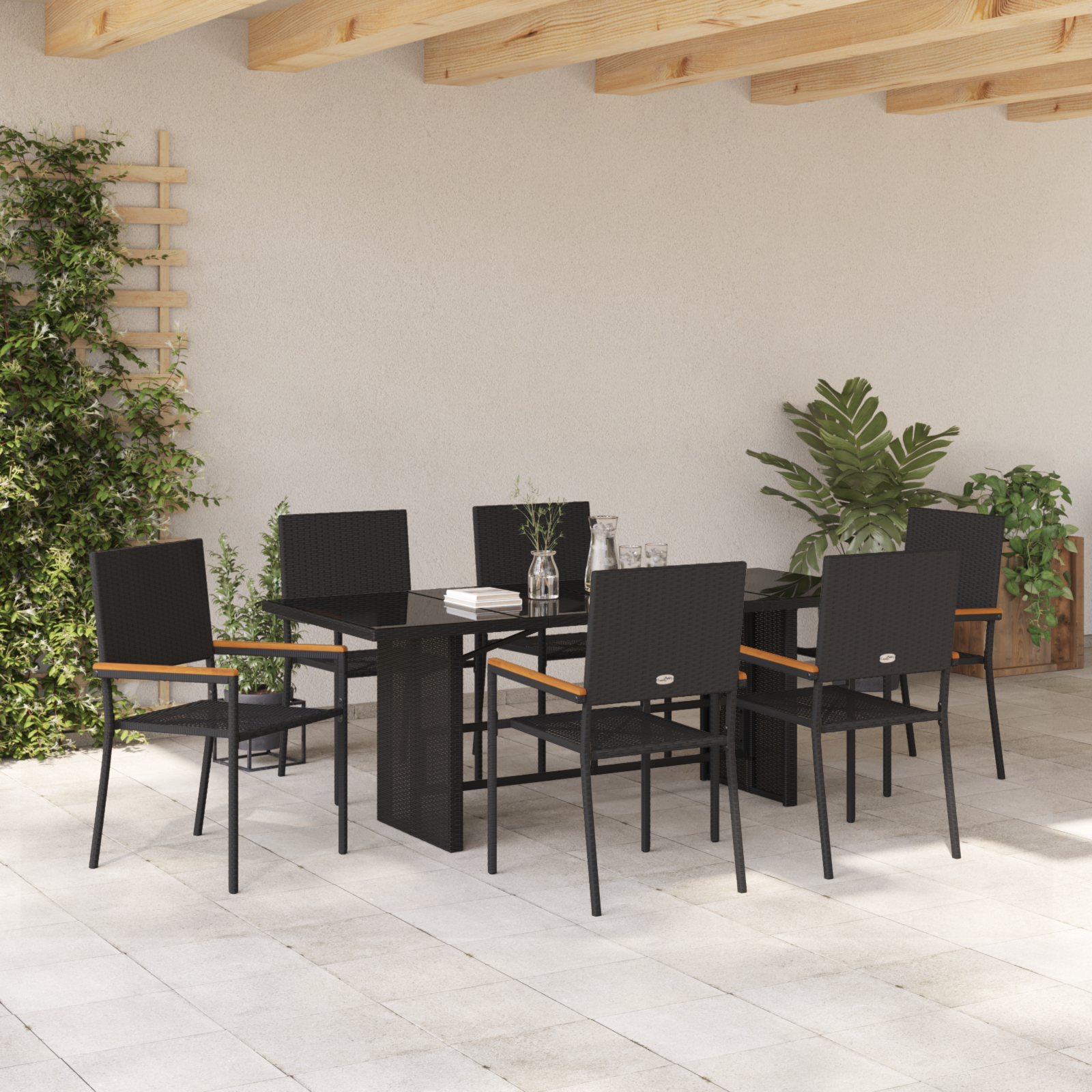 7 Piece Garden Dining Set Black Poly Rattan - Image 4