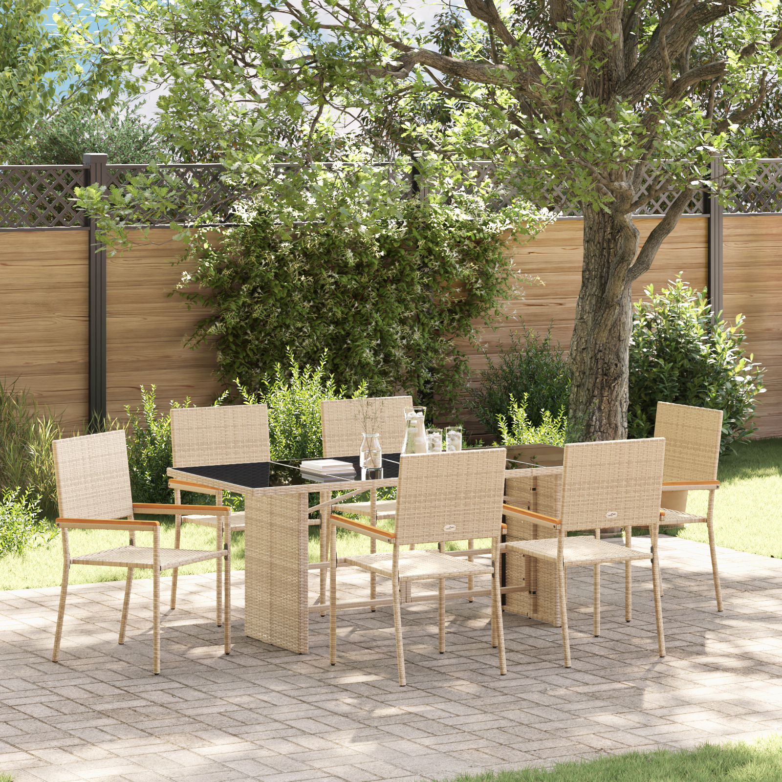 7 Piece Garden Dining Set Beige Poly Rattan