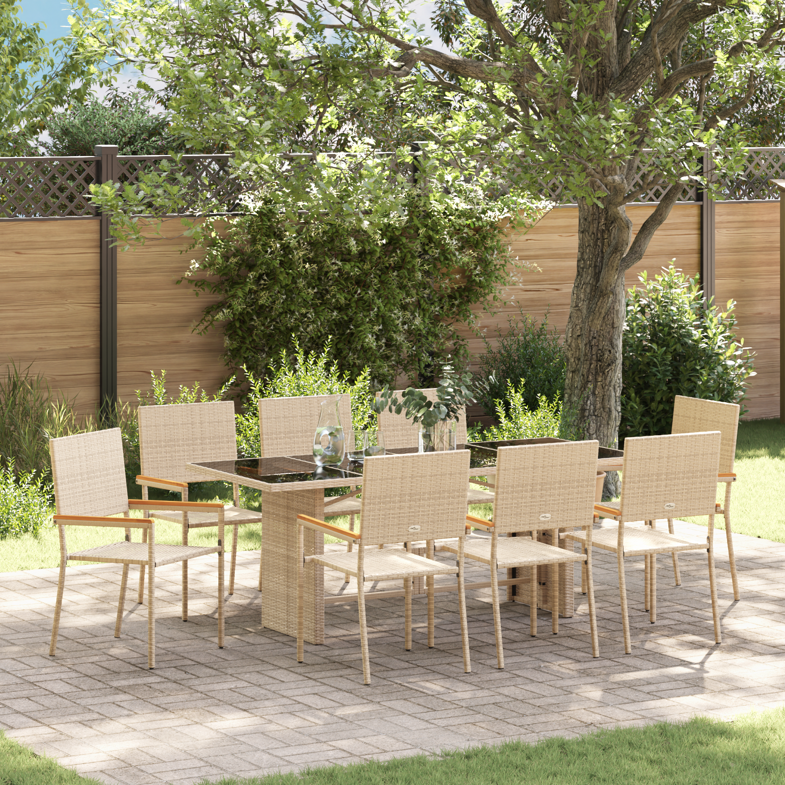 9 Piece Garden Dining Set Beige Poly Rattan