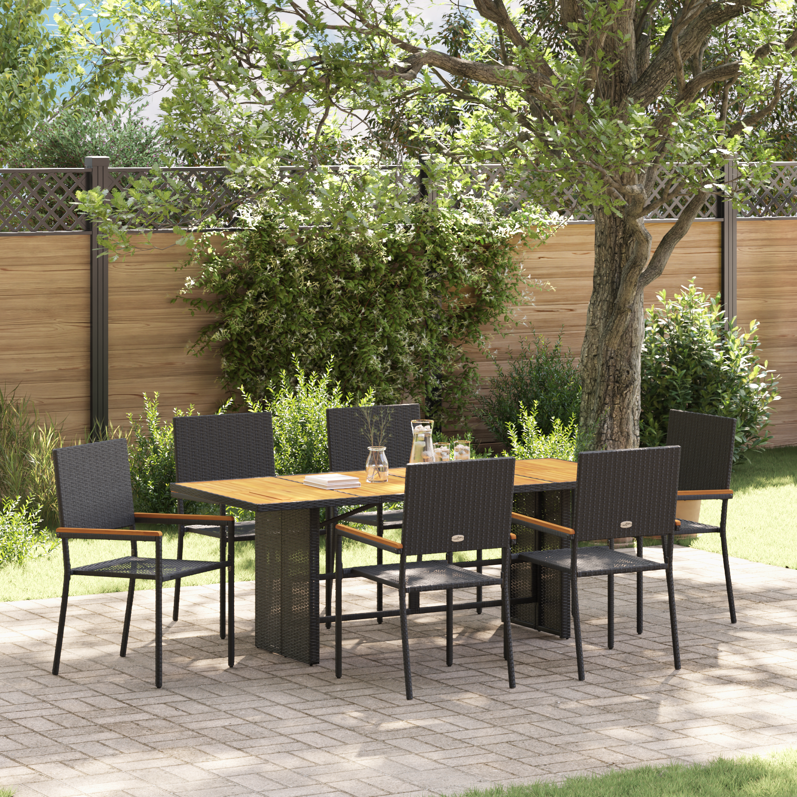 7 Piece Garden Dining Set Black Poly Rattan