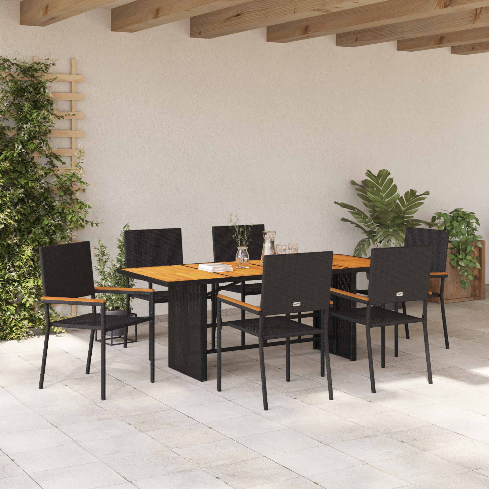 7 Piece Garden Dining Set Black Poly Rattan - Image 4