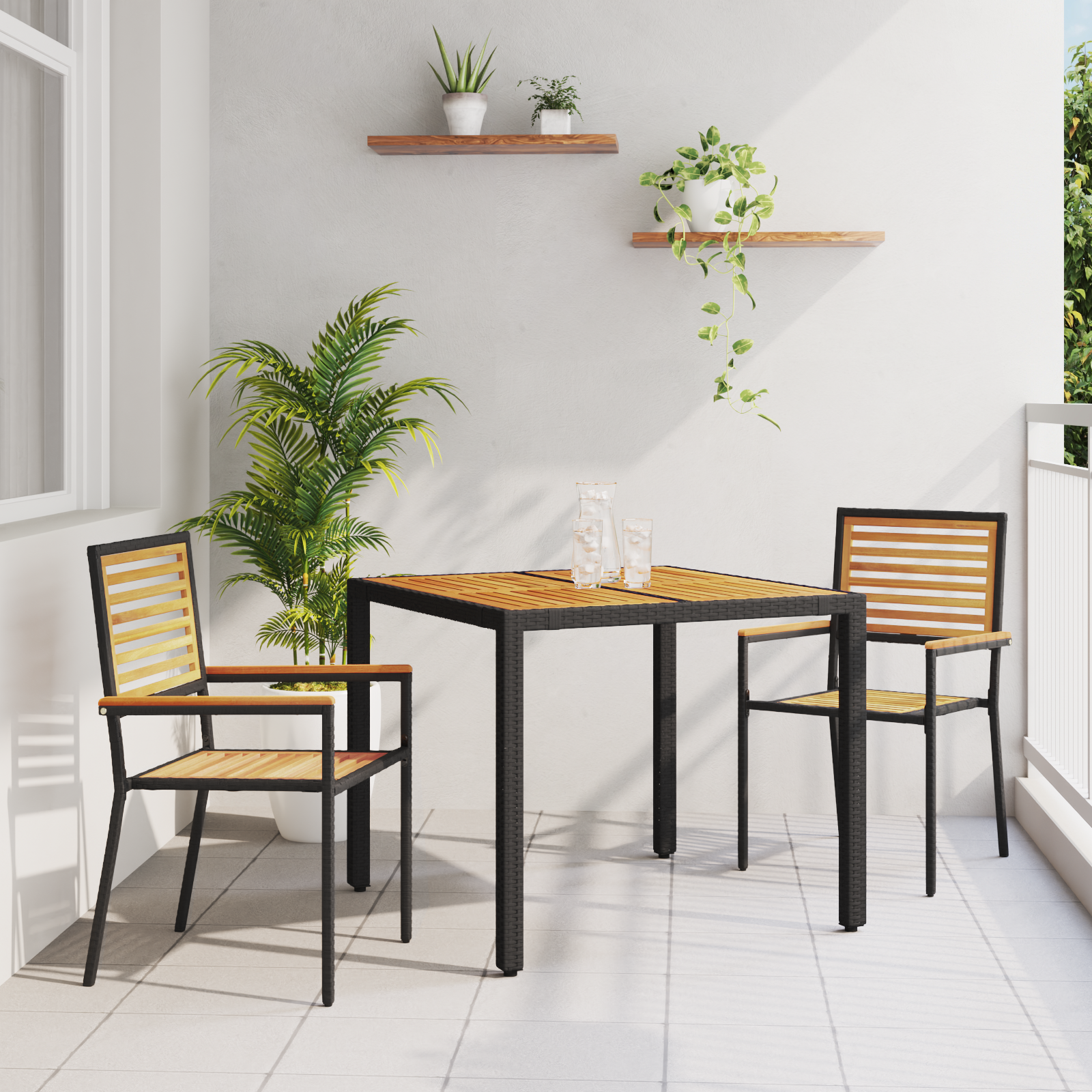 3 Piece Garden Dining Set Black Poly Rattan Acacia