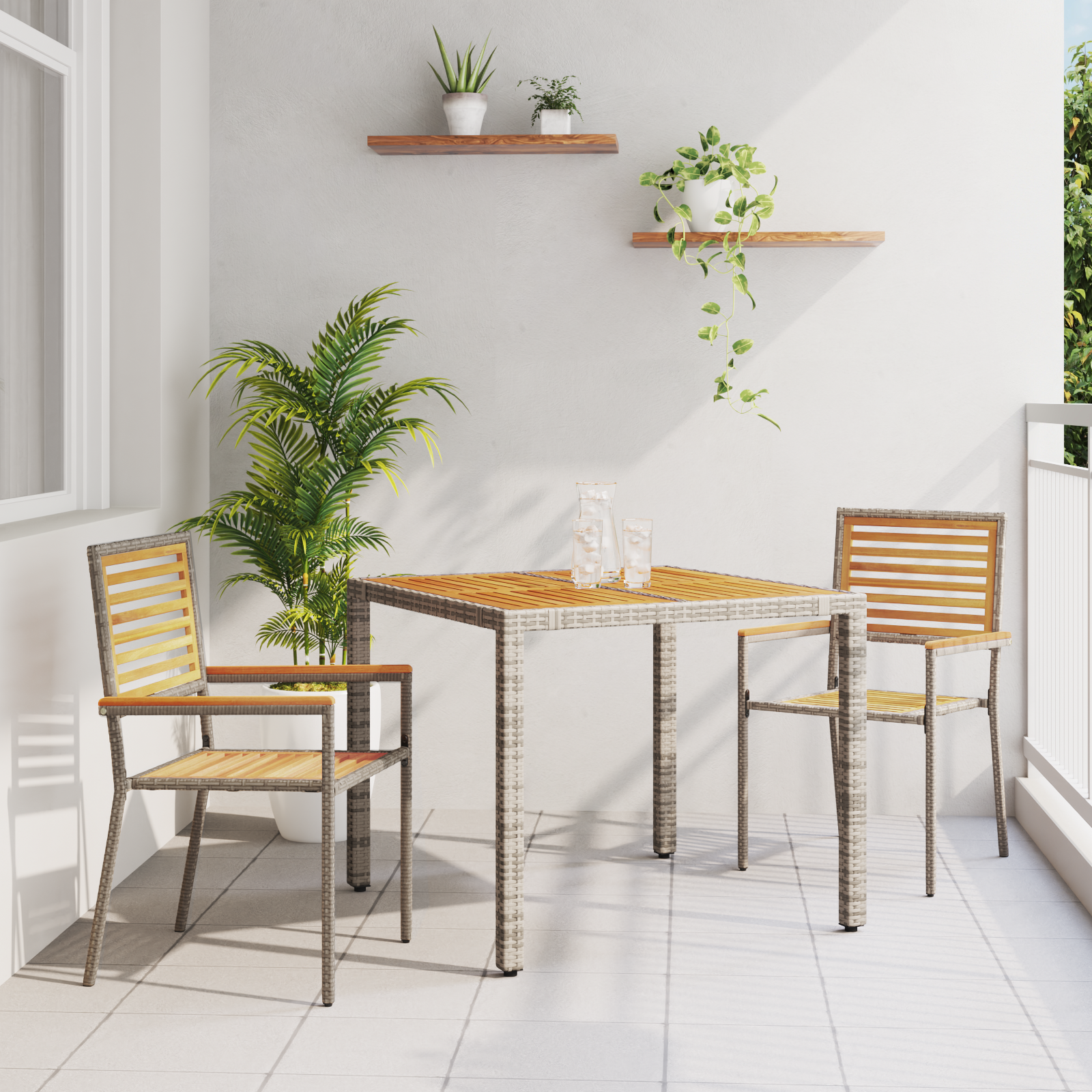 3 Piece Garden Dining Set Grey Poly Rattan Acacia