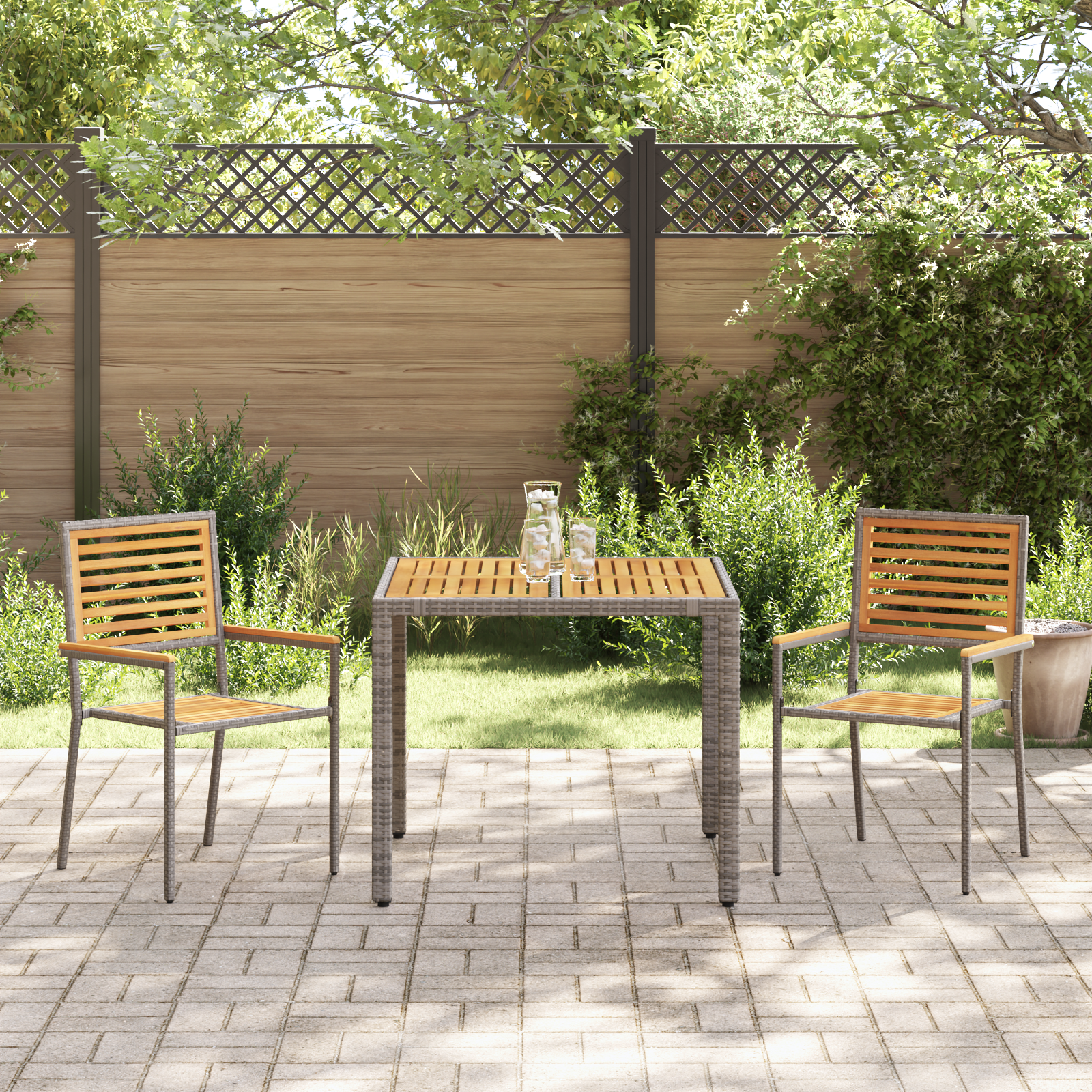 3 Piece Garden Dining Set Grey Poly Rattan Acacia - Image 4