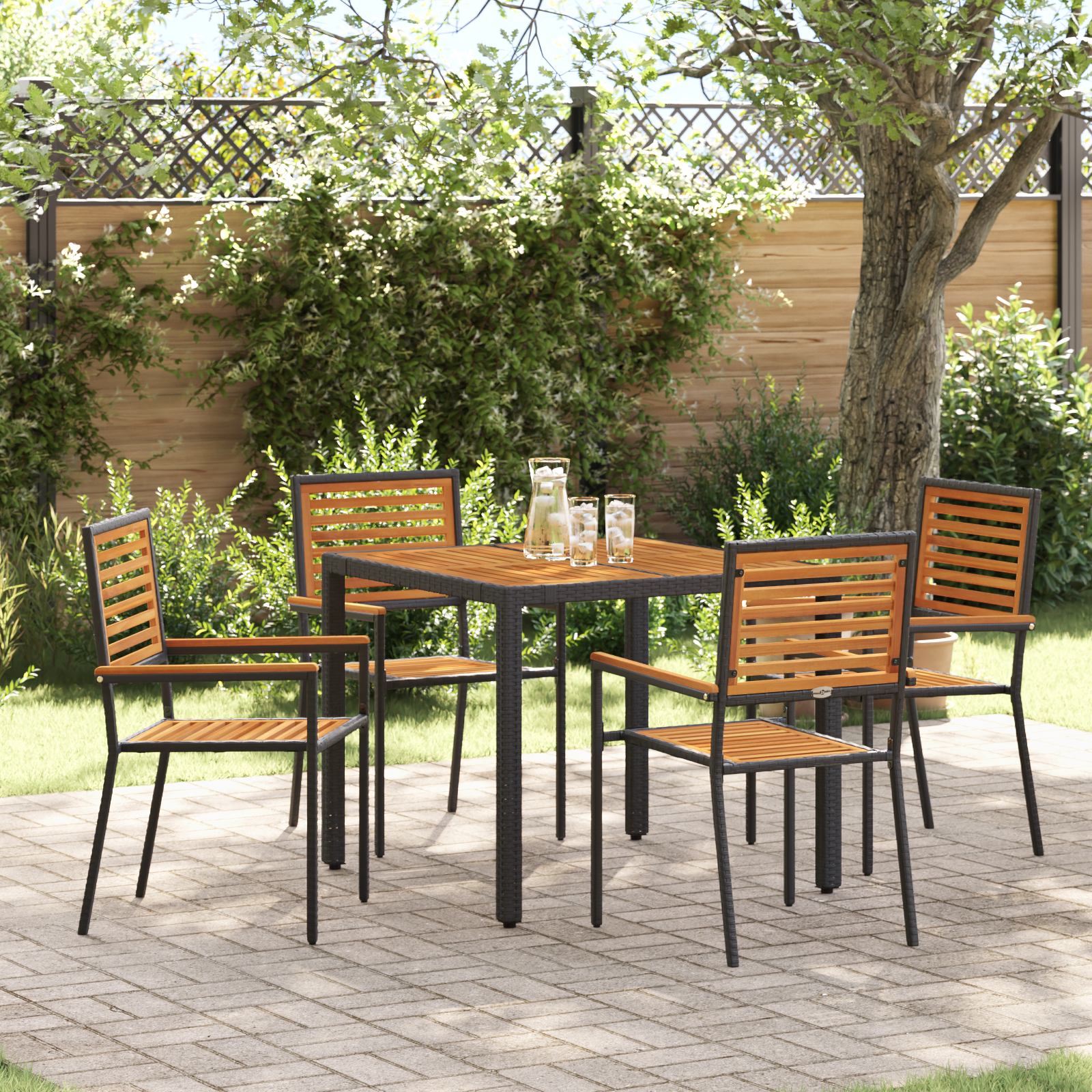 5 Piece Garden Dining Set Black Poly Rattan Acacia