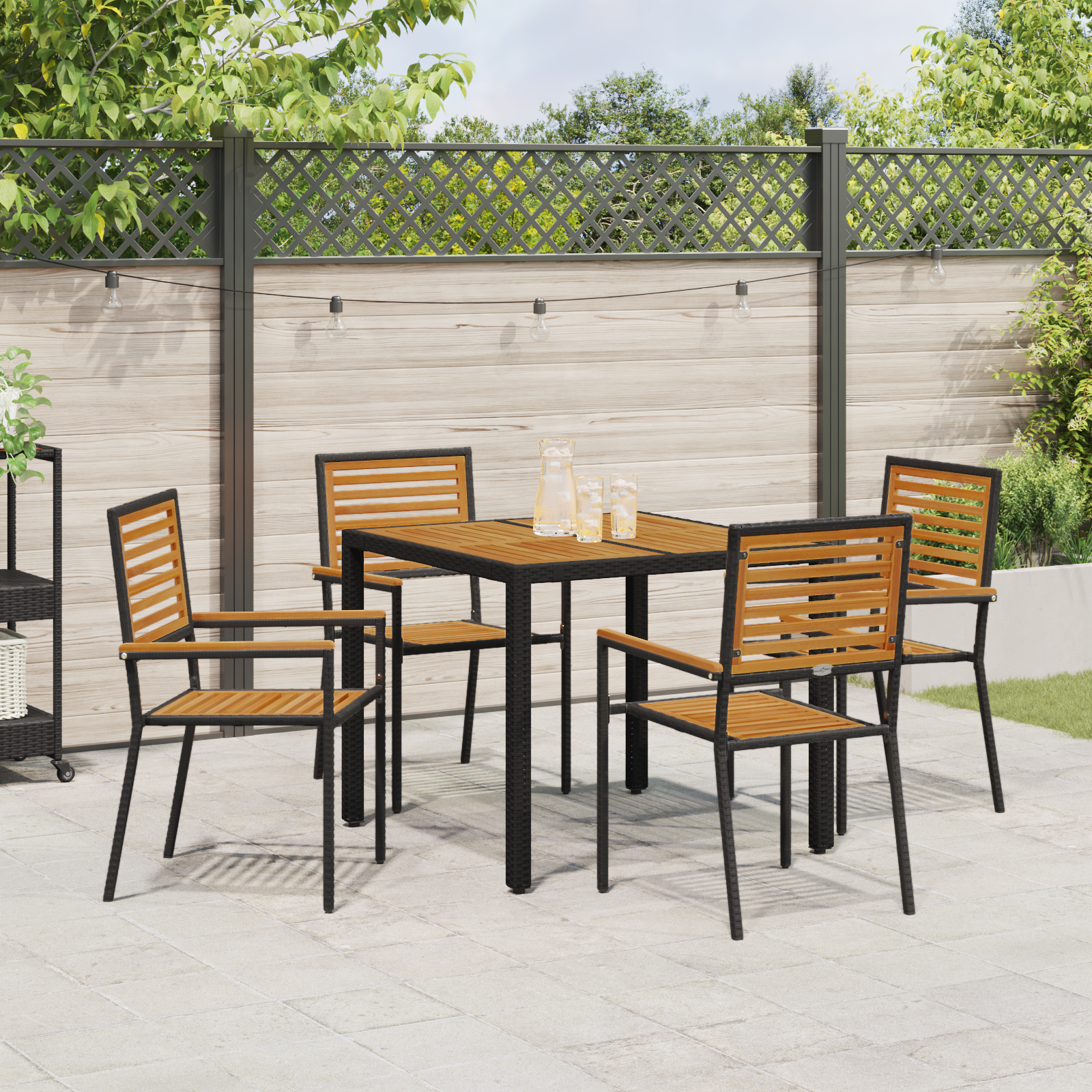 5 Piece Garden Dining Set Black Poly Rattan Acacia - Image 4