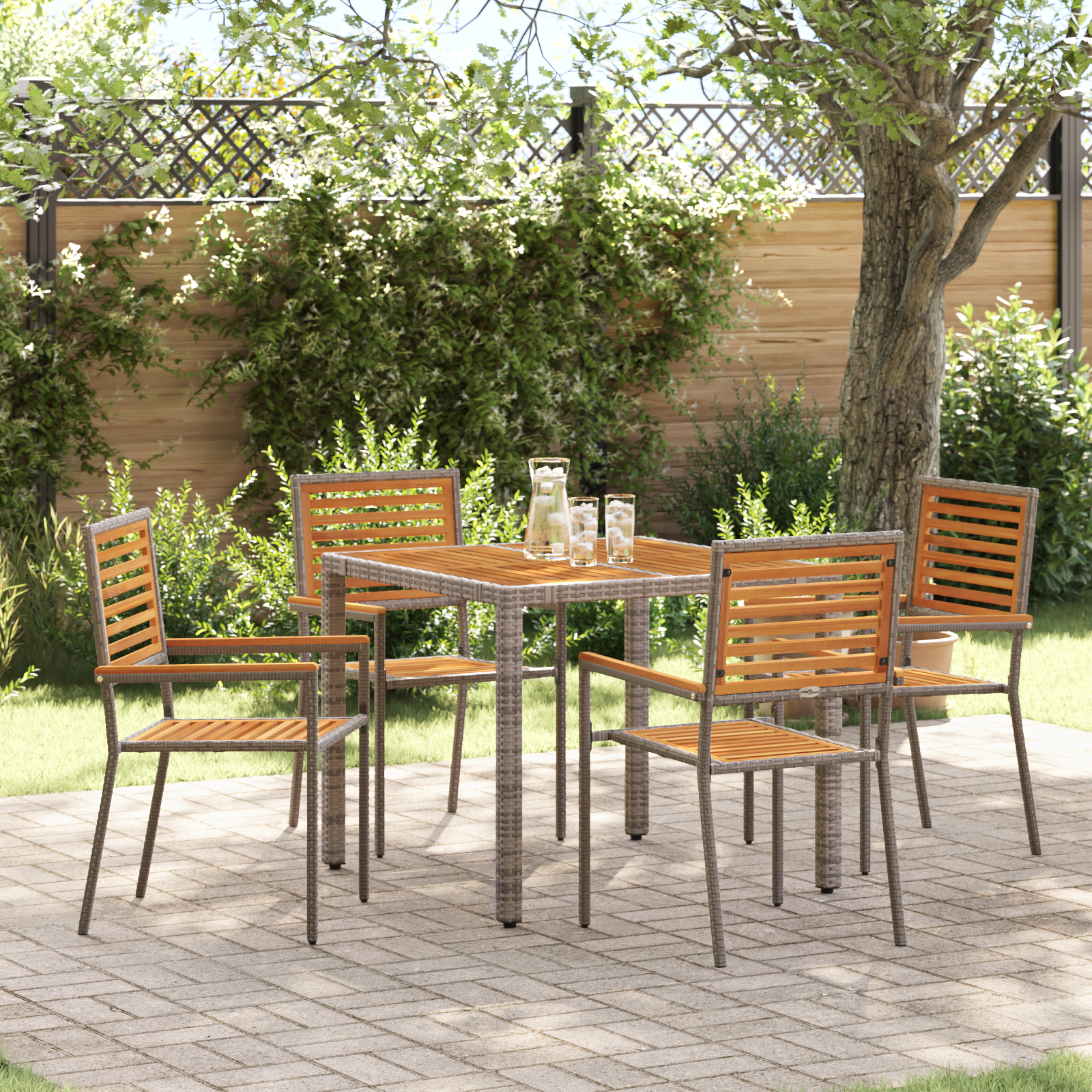 5 Piece Garden Dining Set Grey Poly Rattan Acacia