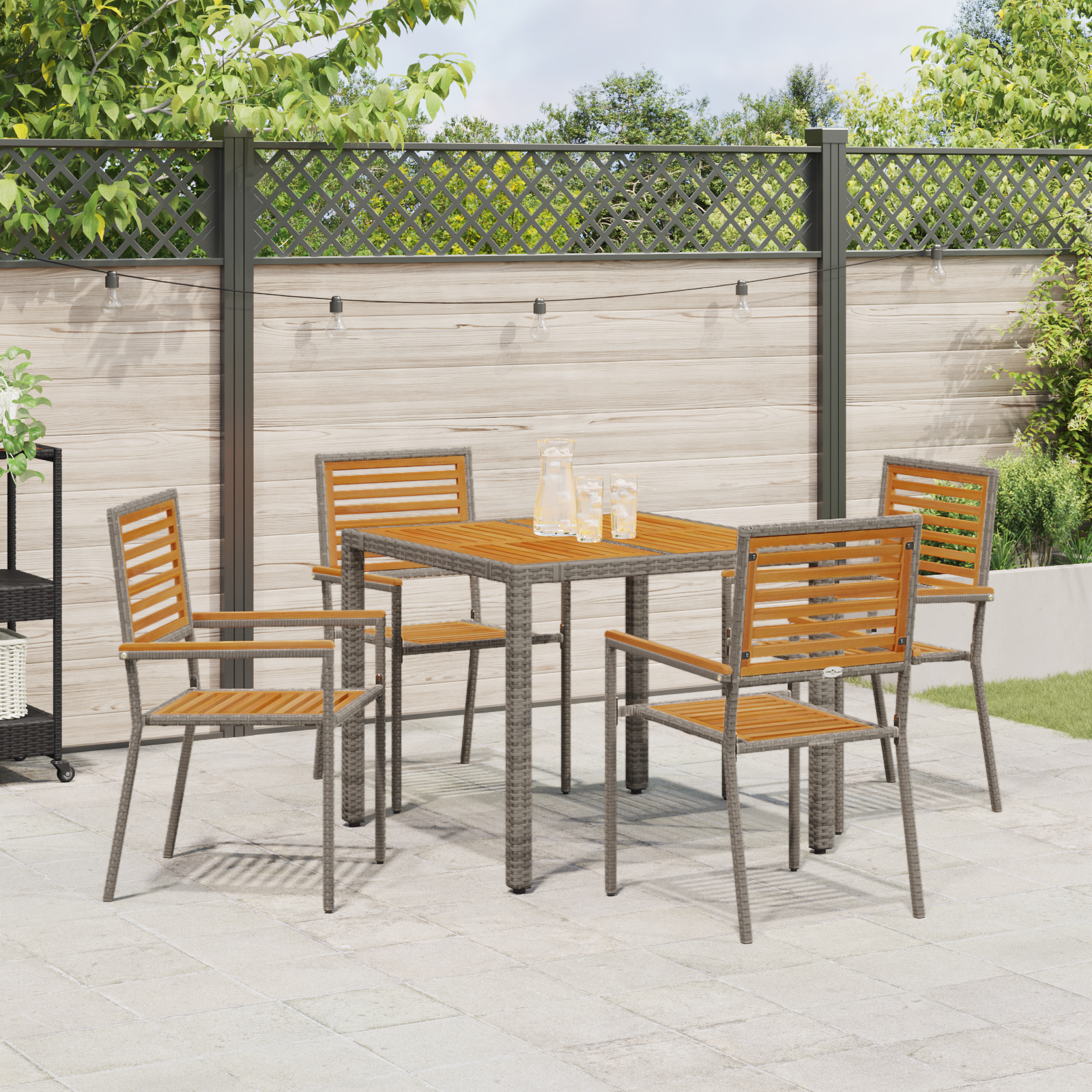 5 Piece Garden Dining Set Grey Poly Rattan Acacia - Image 4