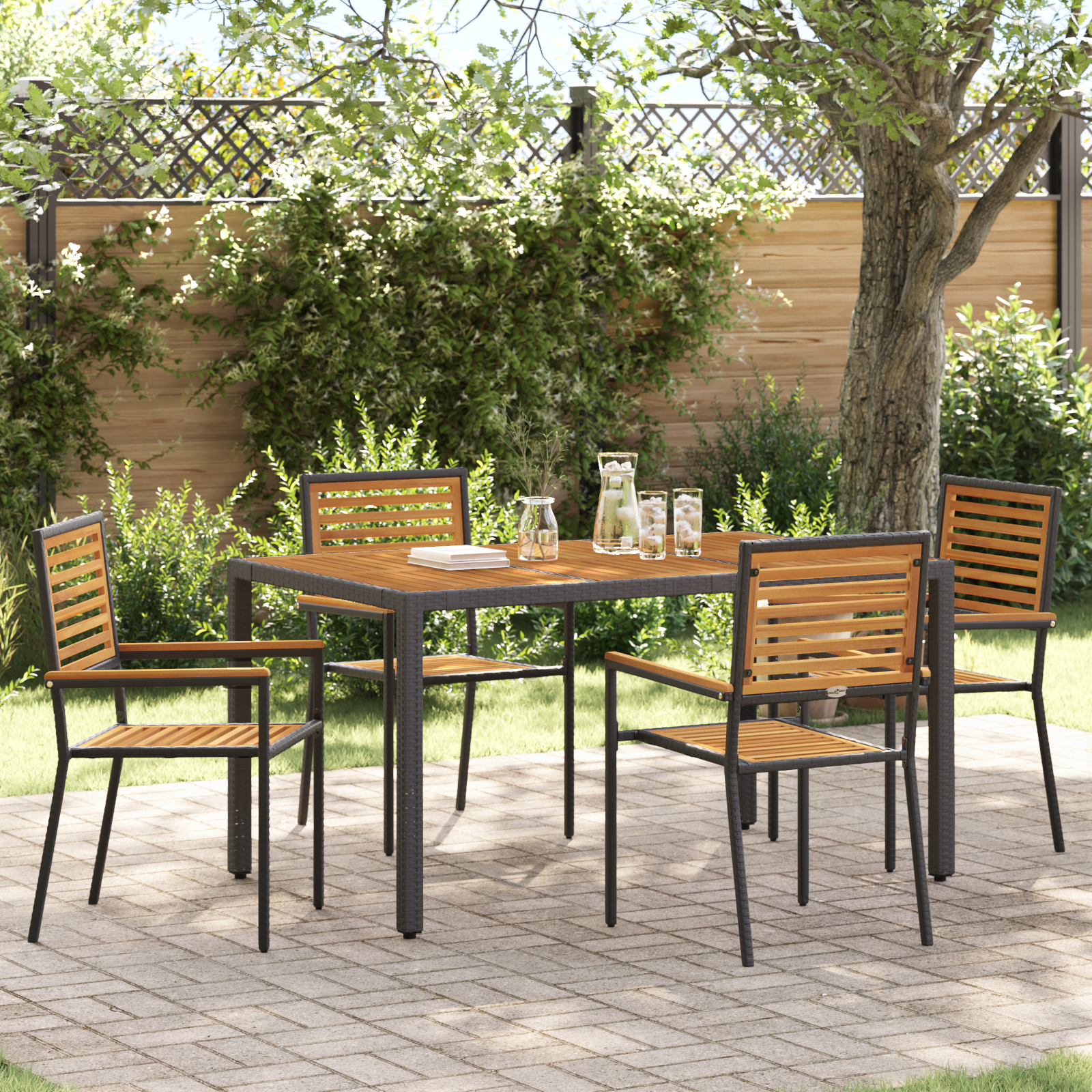 5 Piece Garden Dining Set Black Poly Rattan Acacia