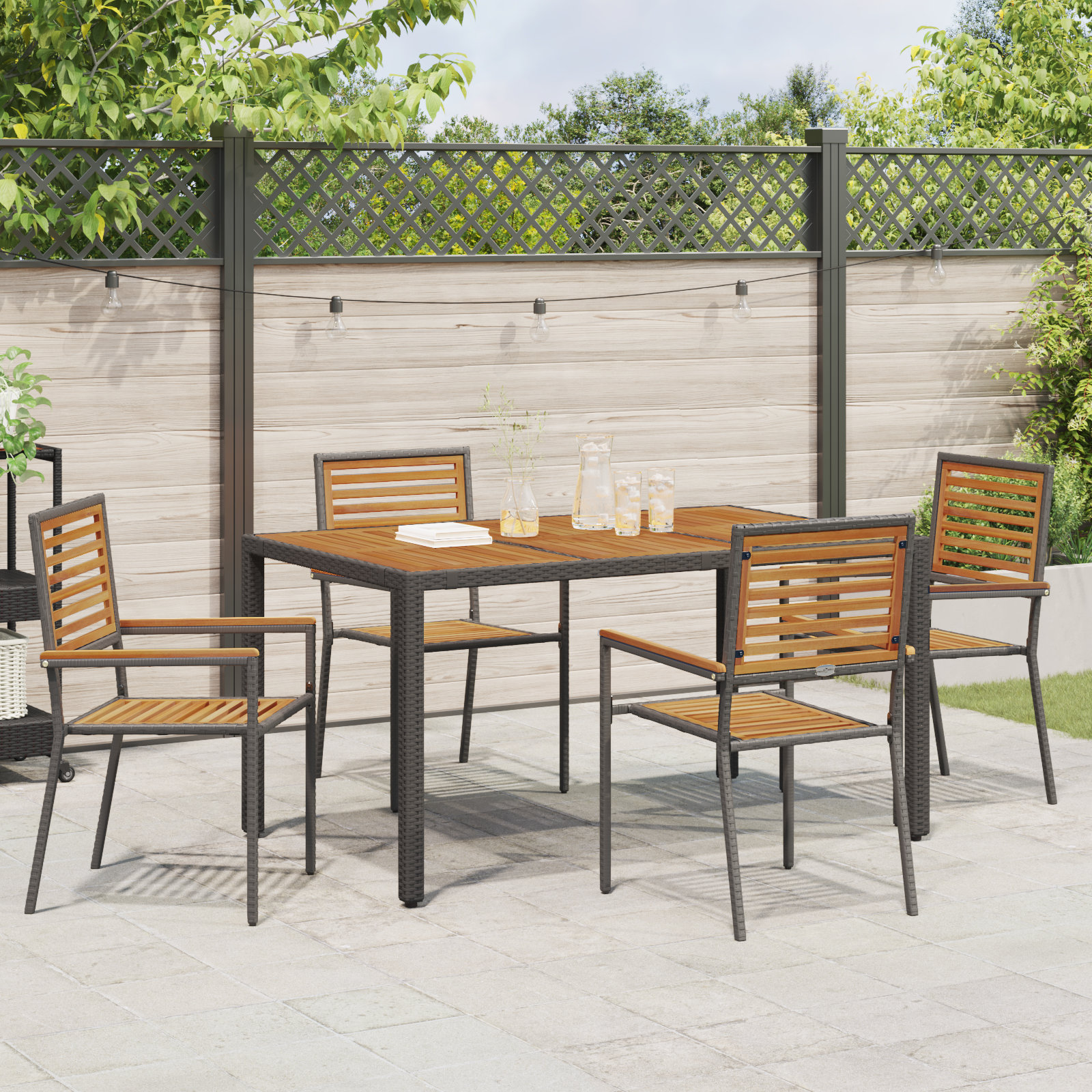 5 Piece Garden Dining Set Black Poly Rattan Acacia - Image 4