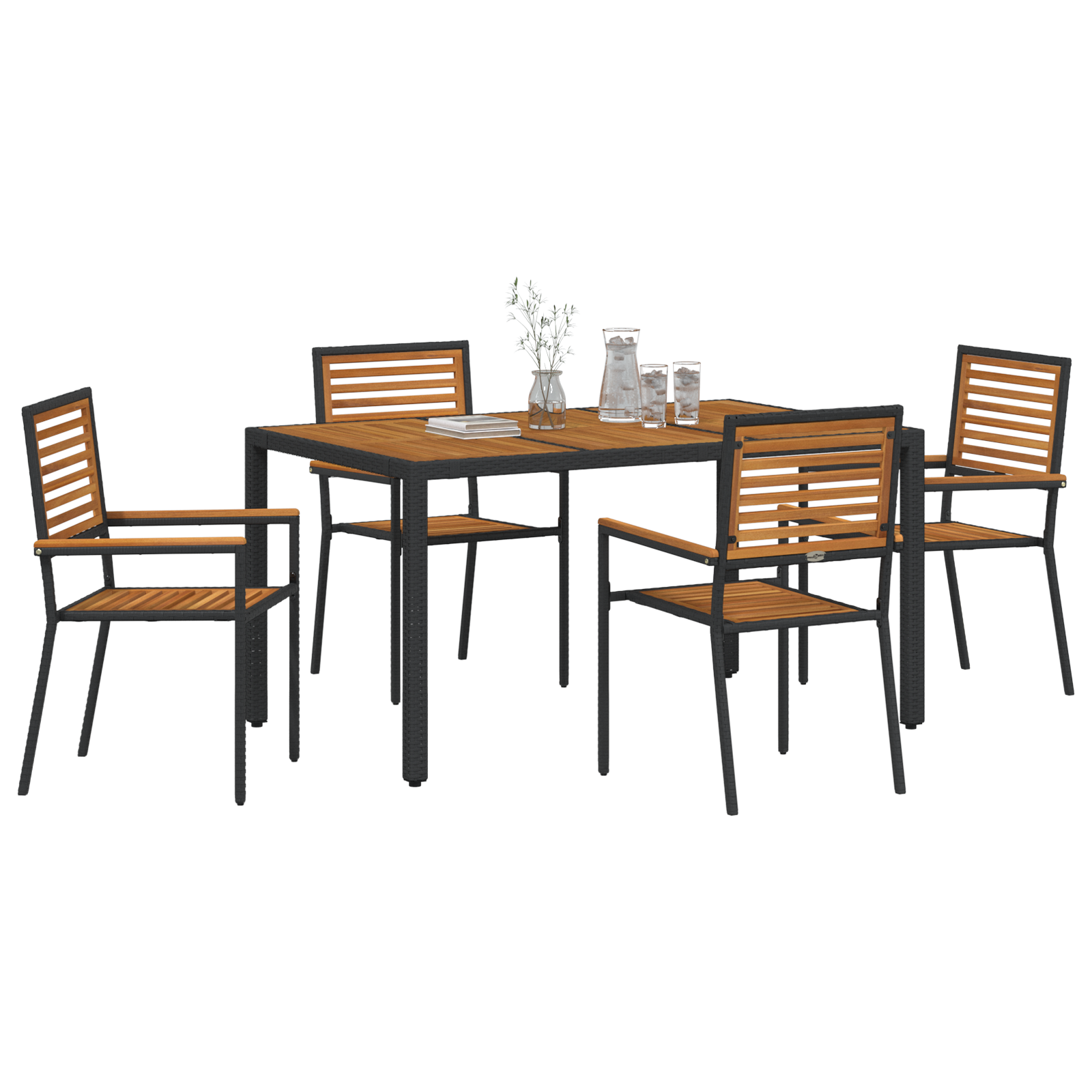 5 Piece Garden Dining Set Black Poly Rattan Acacia - Image 3