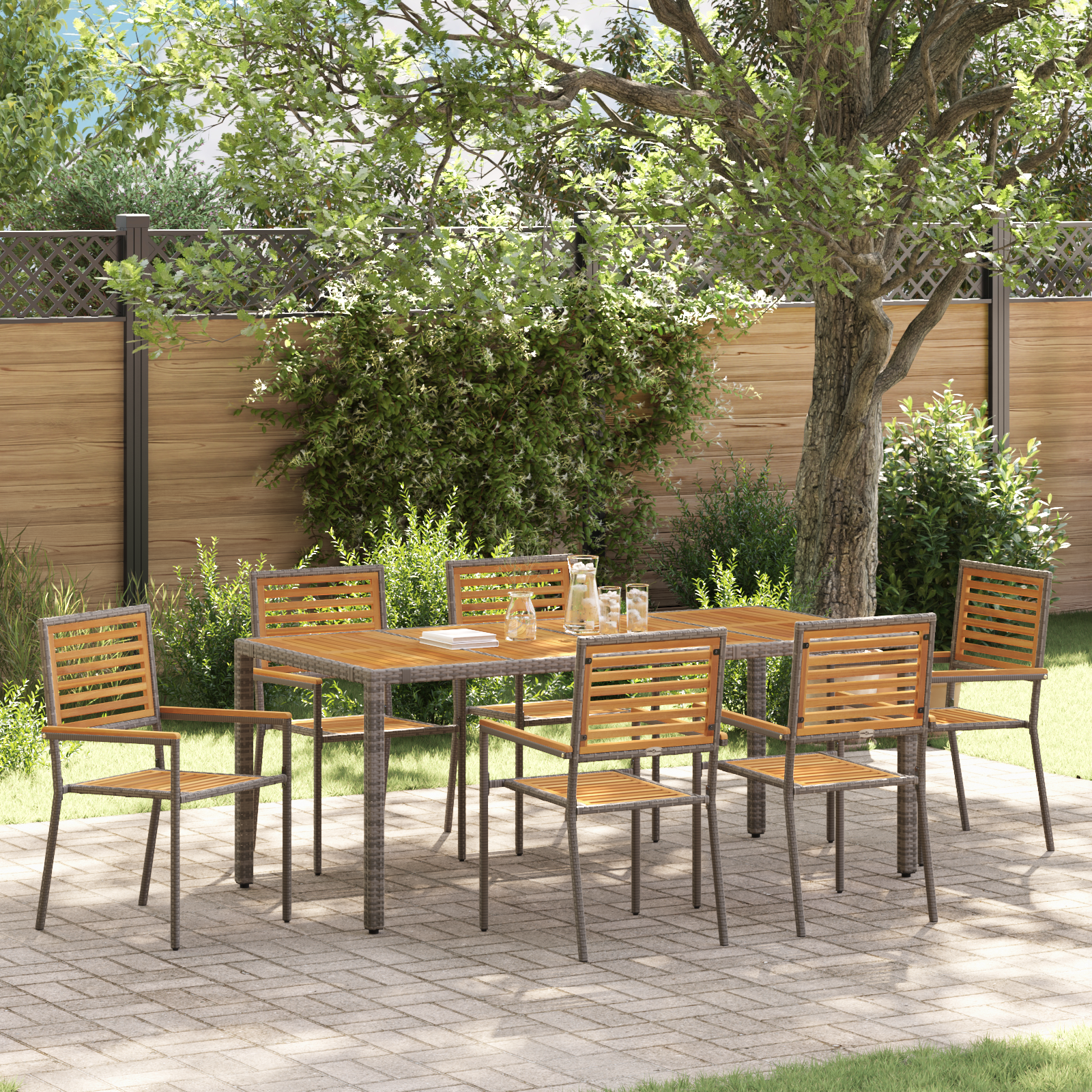 7 Piece Garden Dining Set Grey Poly Rattan Acacia