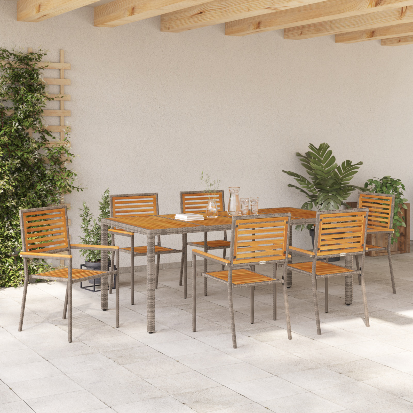 7 Piece Garden Dining Set Grey Poly Rattan Acacia - Image 4